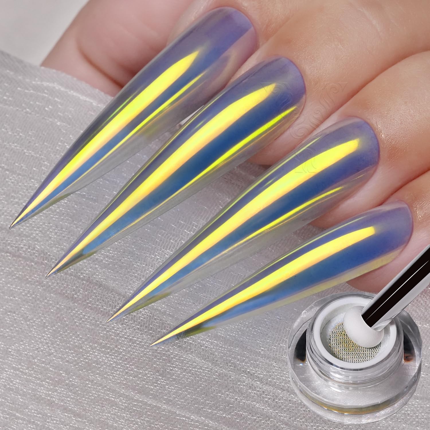 YOKEFELLOW GleamTap Cushion Aurora Chrome Nagellackpulver – Meerjungfrau-Aurora-Effekt, Glitzer-Dekoration für die Nagelkunst (GT112 Golden Hour/Violettblau mit hellorangefarbenem Schimmer)