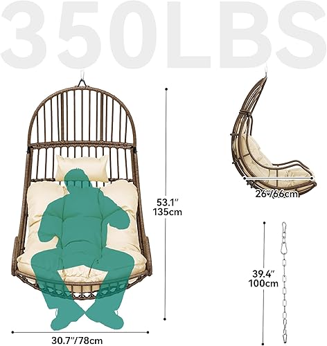 Miniatura 6 de YITAHOME Silla colgante con forma de huevo, silla de mimbre para interiores y exteriores, hamaca con cojines de 330 libras para patio, dormitorio,