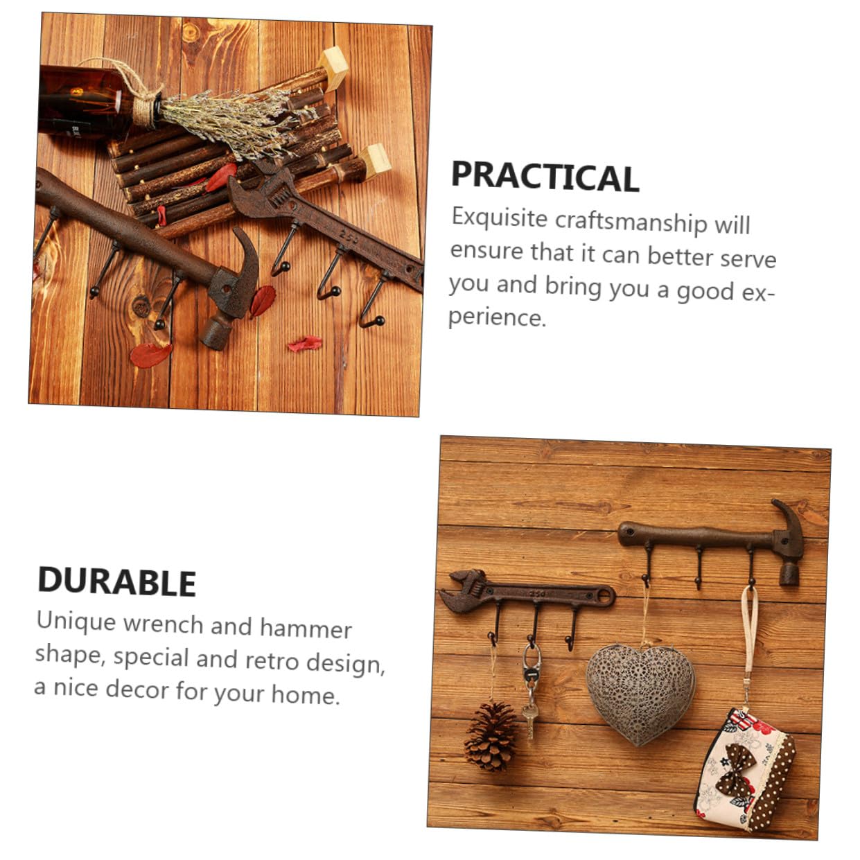 GLEAVI Set di Ganci da Muro Decorativi e Resistenti Forma di Martello e Chiave Inglese Stile Industriale in Ferro per Soggiorno e Studio