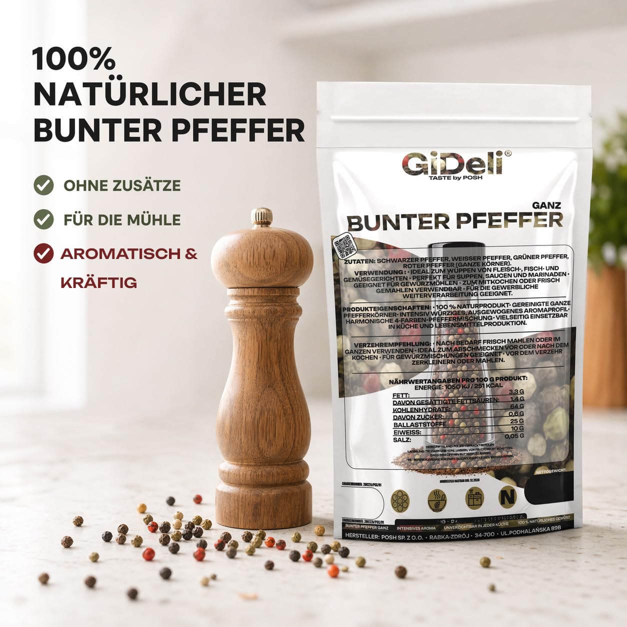 GiDeli Bunter Pfeffer Ganz 5kg - Aromatische Schwarze, Weiße, Rote und Grüne Pfefferkörner - Für Pfeffermühle und Mörser - Universell Einsetzbar - 100% Naturrein ohne Zusätze