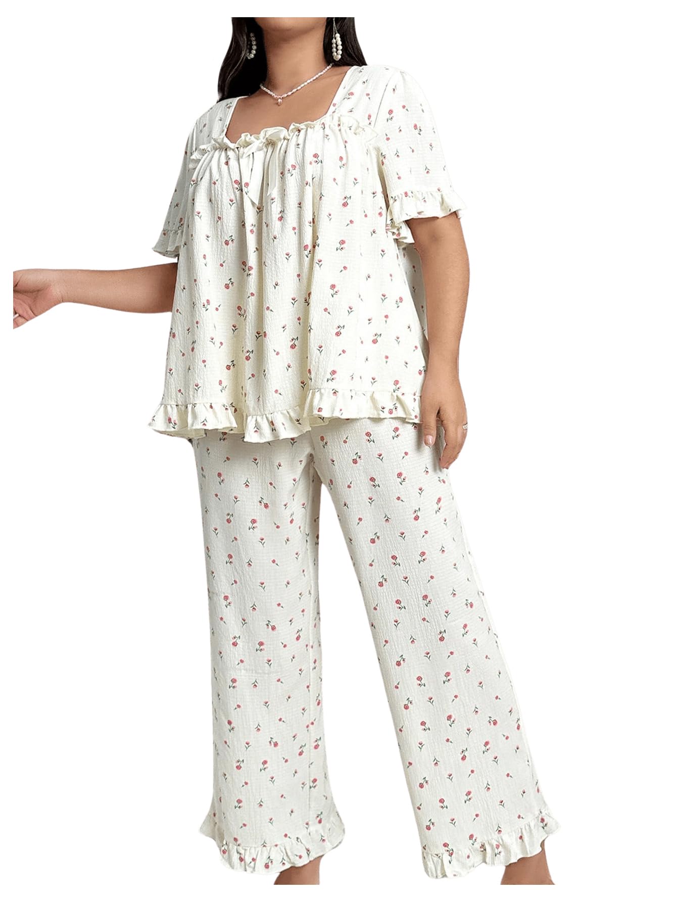OYOANGLE Women's Plus Size Pajama Set Floral Short Sleeve Sleepwear Ruffle Pants 2 Piece Pjs Lounge Set