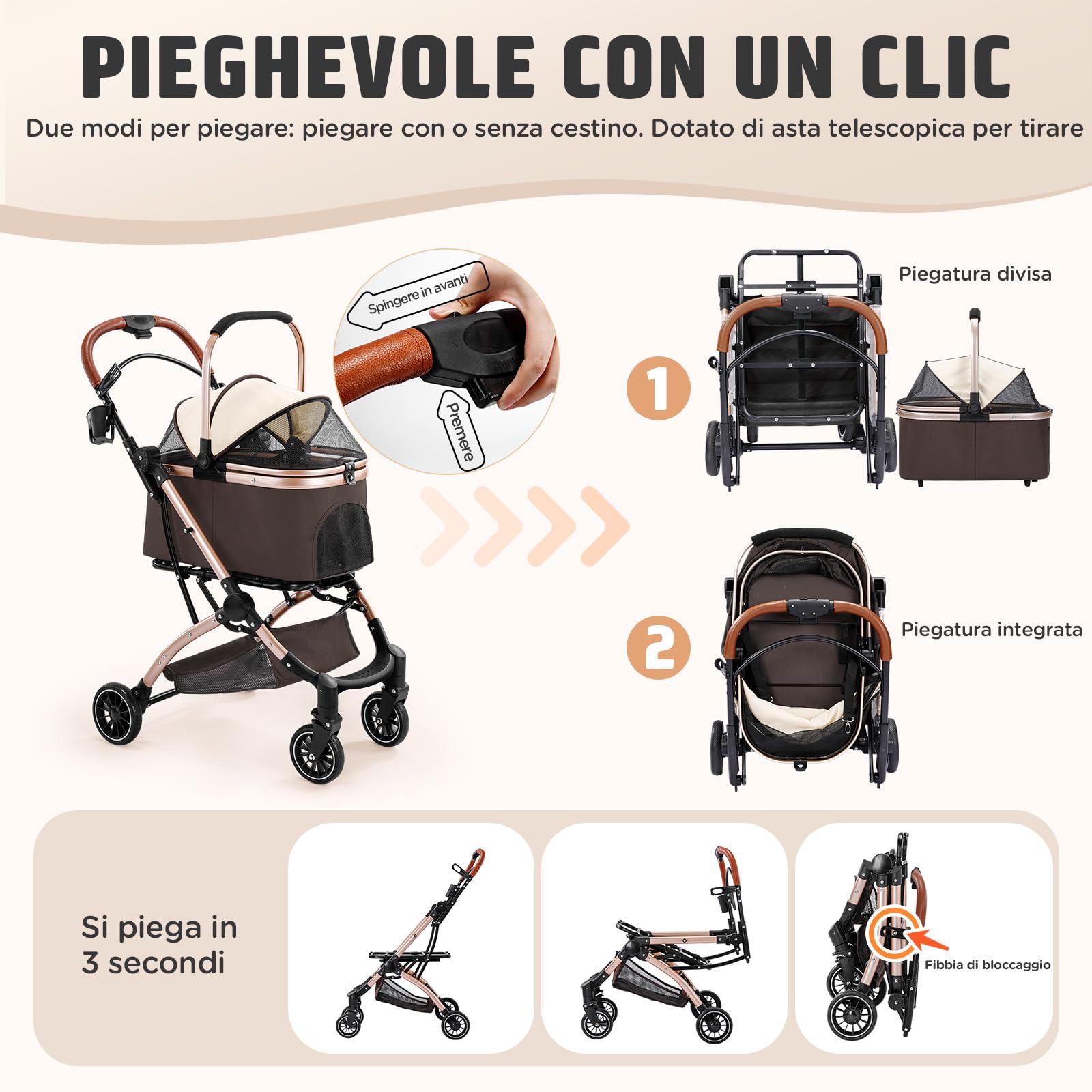 Gimars Passeggino Pieghevole per Cani Gatti 4 in 1 fino a 20 kg, Passeggino Cane con Trasportino Staccabile Cestello, Ruote Anteriori 360°, Parapioggia Freni Portabicchieri Cestino Portaoggetti, Cachi