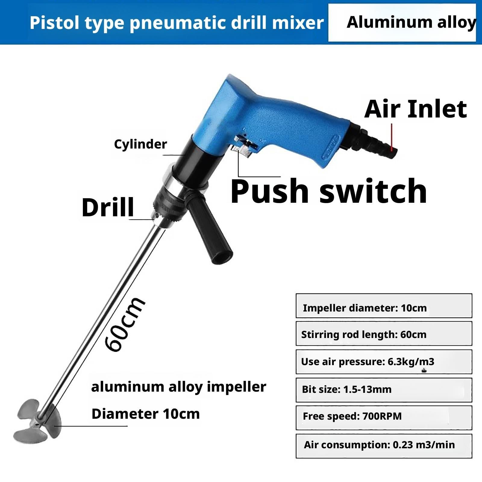 Tragbarer pneumatischer Mischerrührer, Luftbohrer, Farbmischer, Rührwerk, 700 U/min(Aluminum alloy)