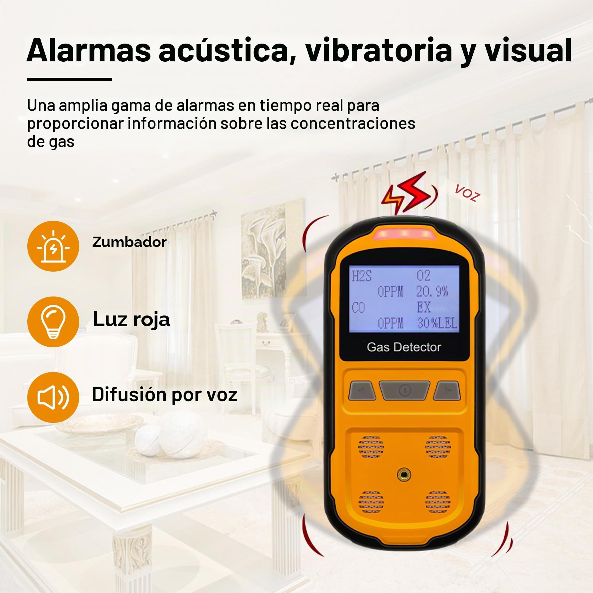 Detector de fugas de gas para H2S CO O2 y LEL, detector de gas múltiple portátil con alarmas audibles, visuales y de vibración, monitor de gas 4 en 1, pantalla LCD digital (naranja)