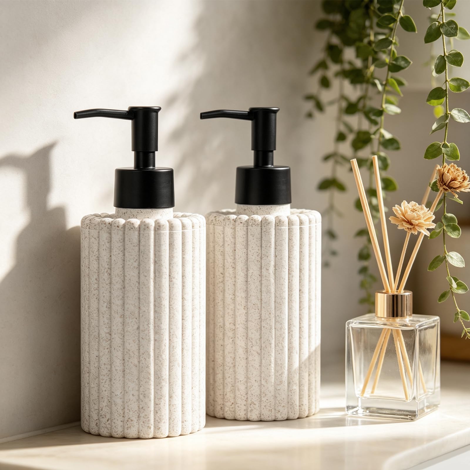 2 Pack Hand Soap Dispenser Set - Modern Ribbed Refillable washing up liquid & Dish Soap Dispensers - Durable shampoo and conditioner dispenser for Bathroom, Kitchen, Laundry Room, Wheat Straw Color