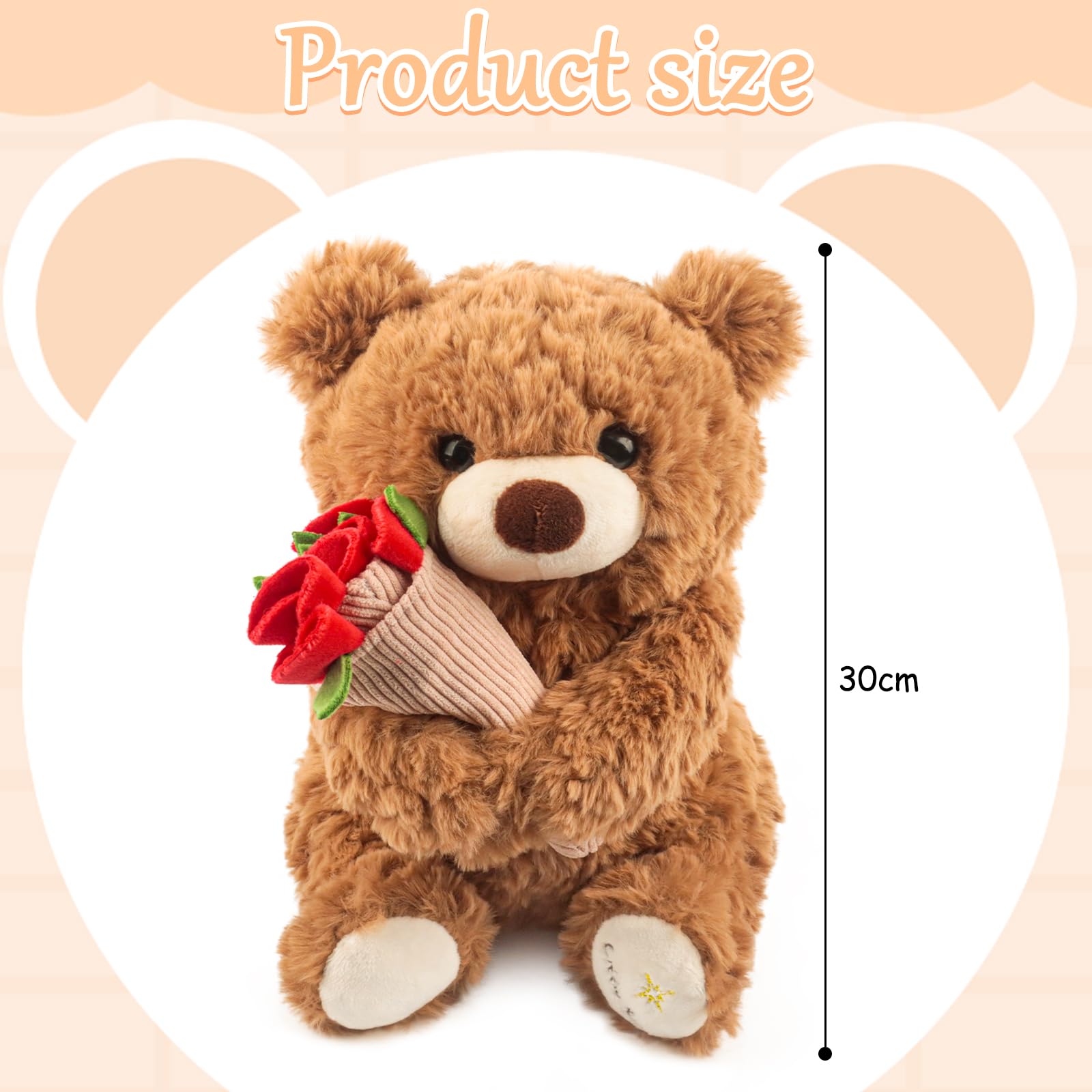 Oso de peluche con rosa y gorro, 30 cm, oso de tela, oso de peluche, suave oso de peluche, regalo de San Valentín (marrón)