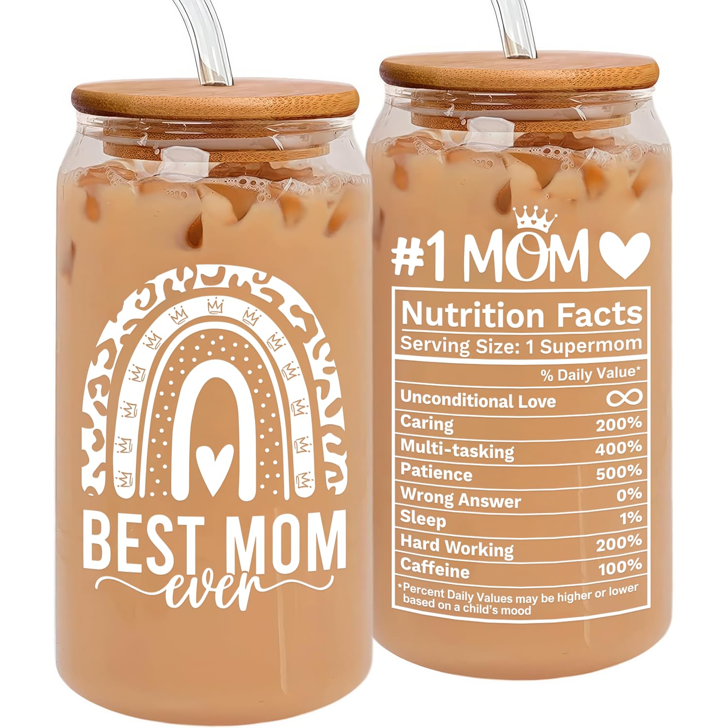 HEXMOZ Mothers Day Gifts for Mom from Daughter, Son, Kids - First Mothers Day Gifts for New Mom, Wife, Mama from Husband - 1st Mother's Day Present Ideas - 16oz Glass Drinking Cup With Straws Gift Box