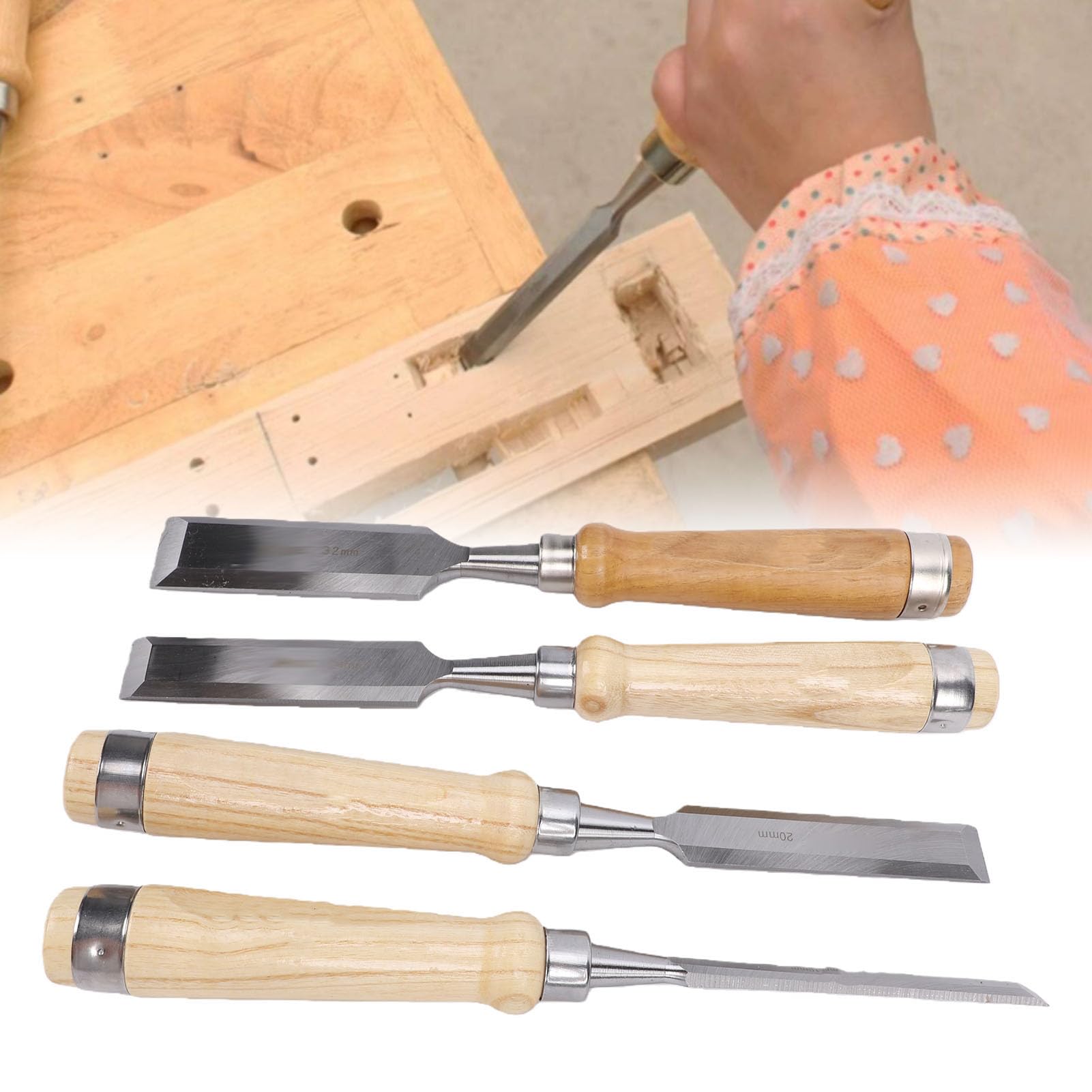 SIXRUN Set di Scalpelli per Legno Scalpelli per Legno in Acciaio CR V 4 Pezzi Lama Smussata da 10 20 24 32 Mm con Manici e Custodia per Carpenteria Falegnameria Intaglio Modellazione