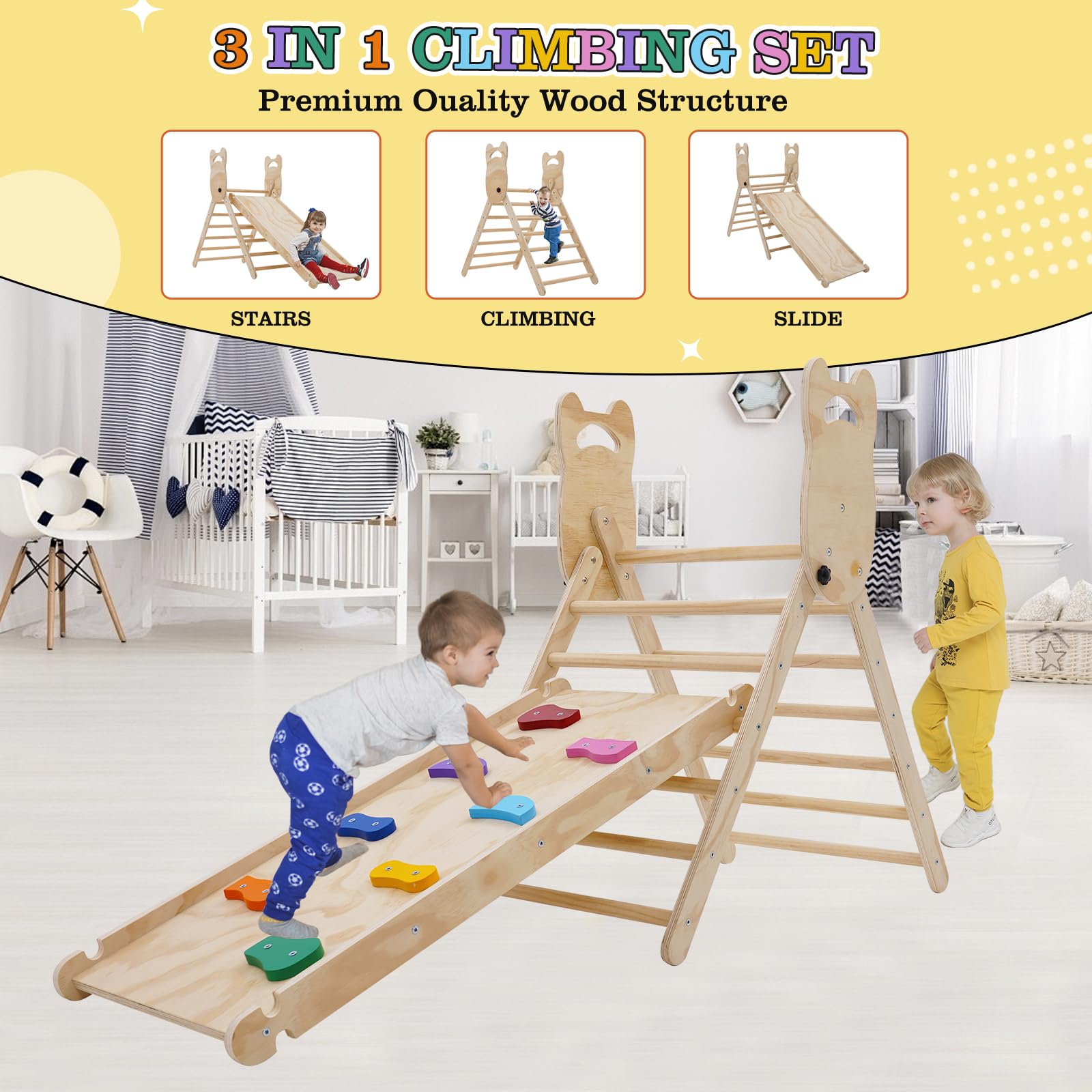 Ark miido Klettergerüst Indoor klettersteine 3-in-1 Montessori kletterdreieck mit Rutsche Faltbares Kinder Kletterbogen aus Holz Spielzeug pikler zum Rutschen & Klettern für Kinder ab 1 Jahr