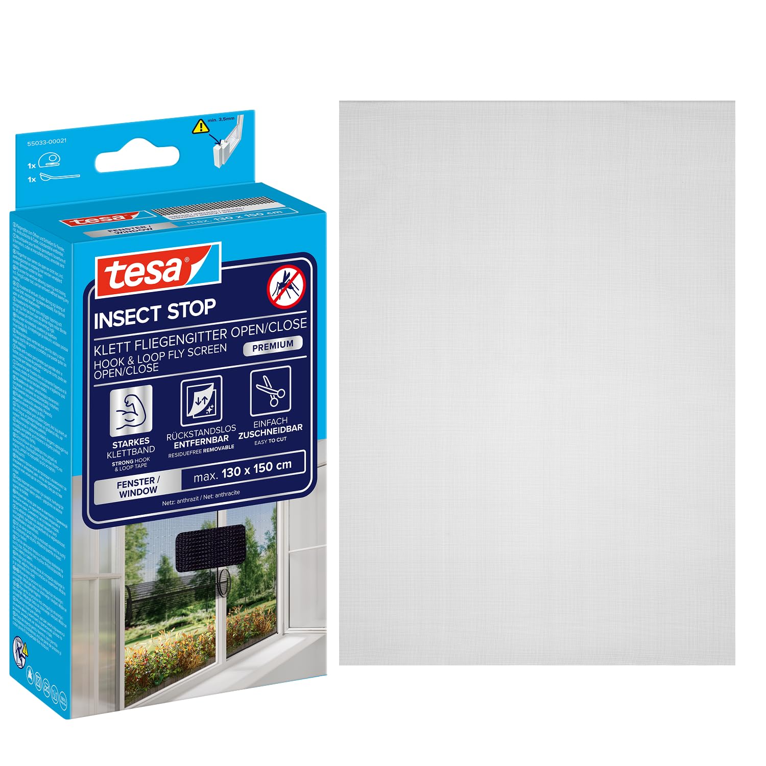 tesa INSECT STOP H&L Fly Screen Open/Close Premium for Windows - Insect Repellent for Opening and Closing - Mosquito Repellent without Drilling - 130 cm x 150 cm - Anthracite (Transparent)