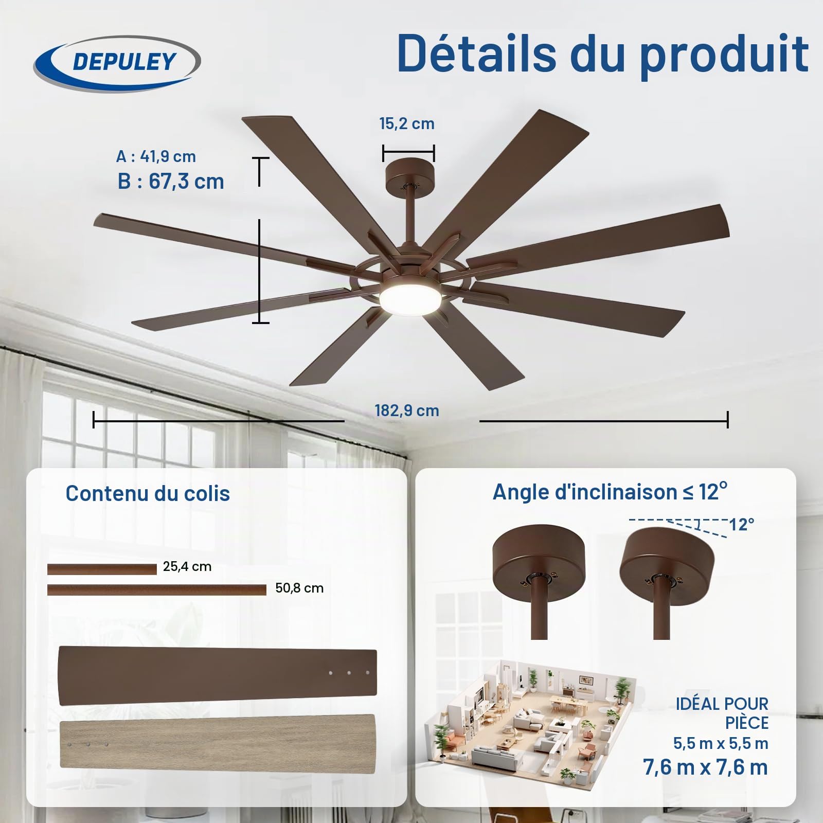 Depuley Grands ventilateurs de plafond avec éclairage: Ventilateur de plafond d'extérieur de 72 pouces à 8 pales avec télécommande - Grand ventilateur marron avec éclairage