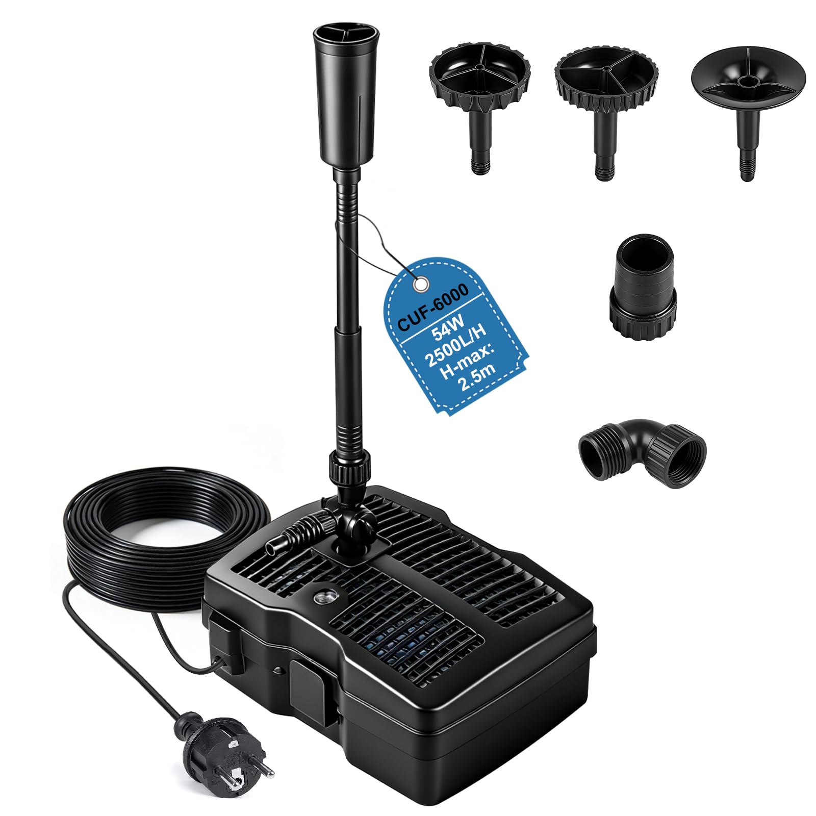 EXLECO Bomba para Estanque con Filtro UVC, 2500 L/h 54W, Fuente de Agua Decorativa con 3 Cabezales de Fuente, Medios Filtrantes, Accesorios de Tres Vías, Cable 10 Metros, para Jardin