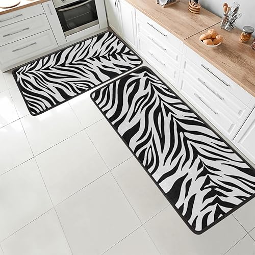 Miniatura 3 de GUYOS Tapete de cocina con patrón de rayas de cebra, acolchado, antifatiga, juego de 2 piezas, duradero, resistente a las manchas, parte inferior
