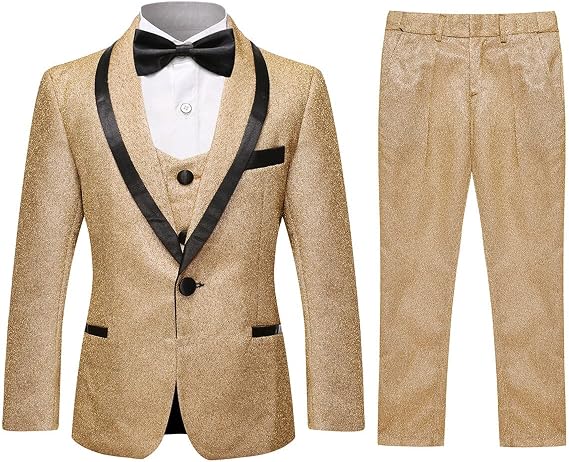 SWOTGdoby Boys Gold Tuxedo Suit 3 Pieces Set for Wedding | Shiny Shawl Lapel Blazer Vest Pants Festival Performance Prom Formal Dress