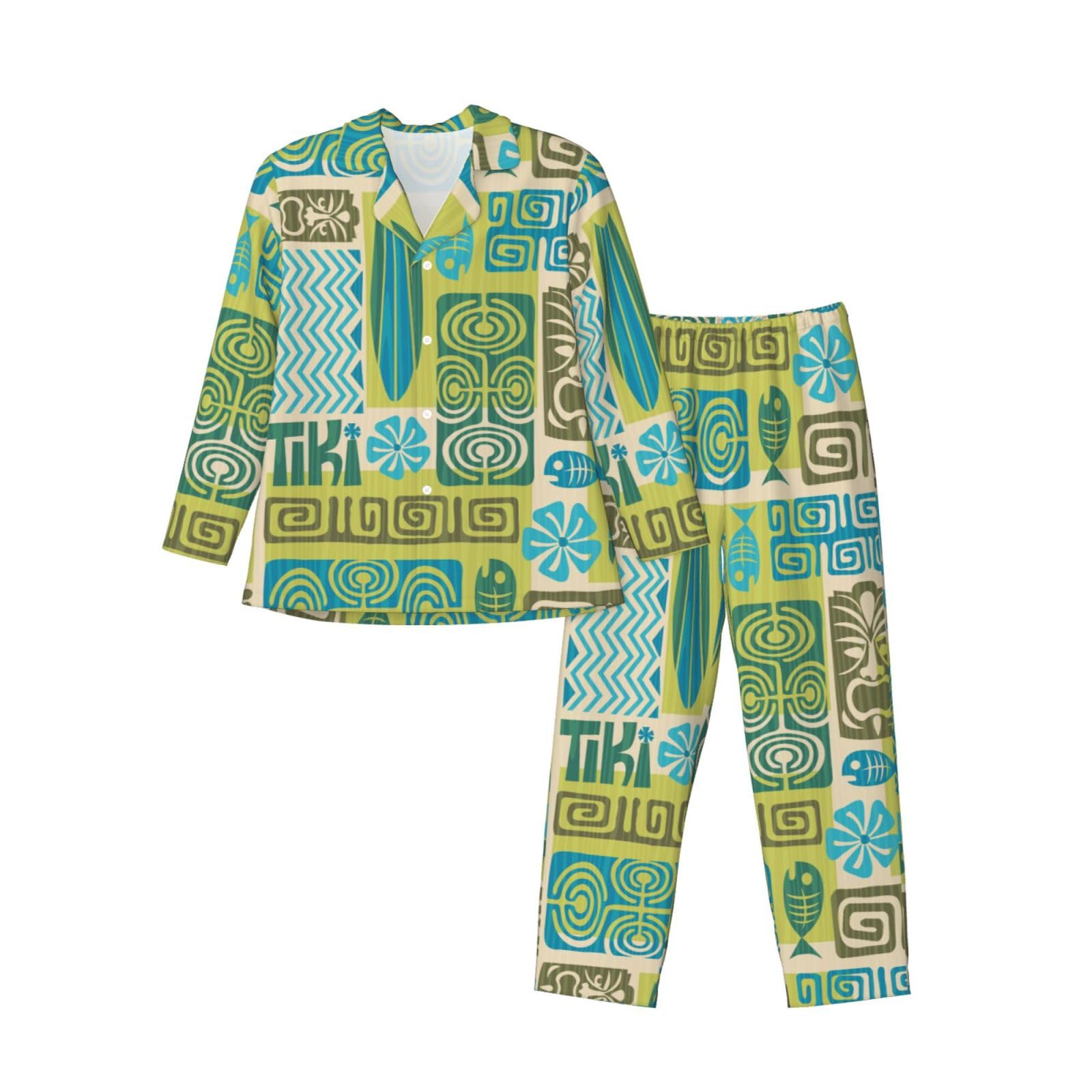 Herren-Pyjama-Set mit exotischem Tiki-Muster 1, weicher langärmeliger Schlafanzug für leichte Knöpfe