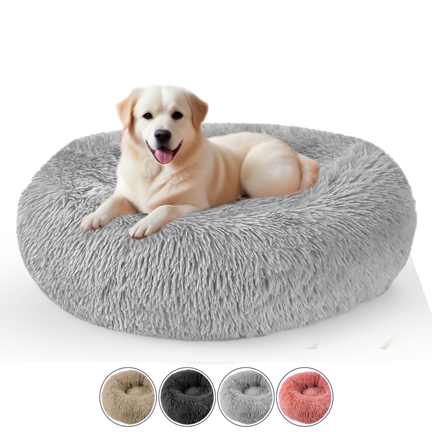 ELYF Plush Donut Dog Bed (80cm), Calming Cat Bed for Indoor Cats Self-Warming Round Pet Cushion with Anti-Slip