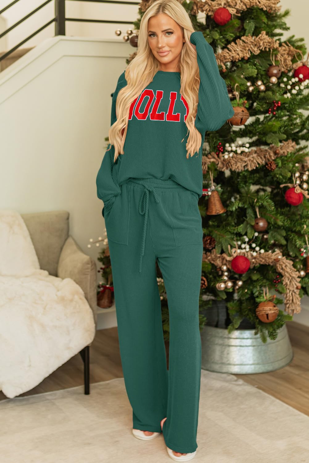 Opemiby Conjunto de pijama para mujer, camiseta acanalada de manga larga y pantalones con bolsillos