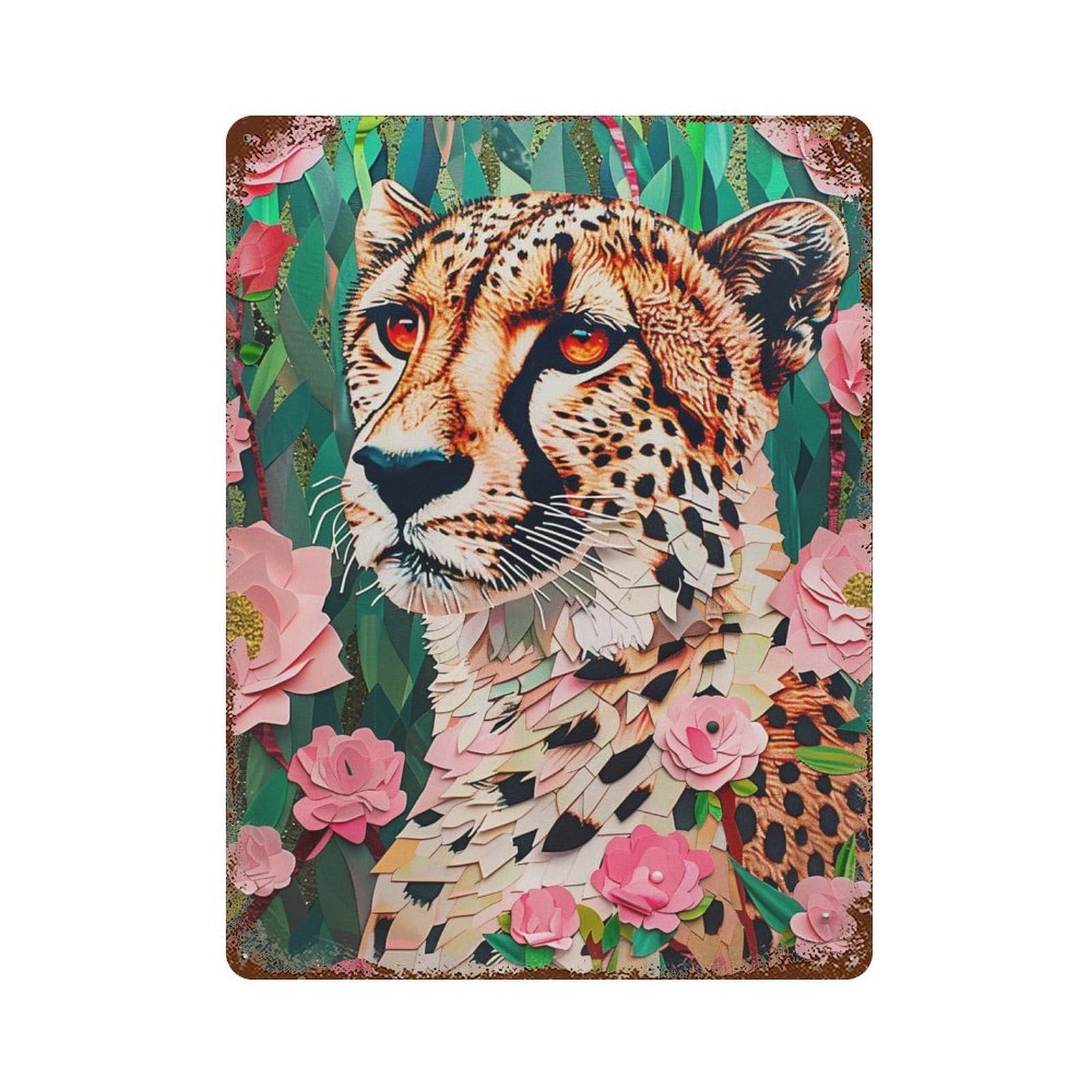 Cheetah in Flowers Art Print 15.7"x11.8" Retro Metal Sign, Vintage Wall Decor for Office, Studio And Wall Decor