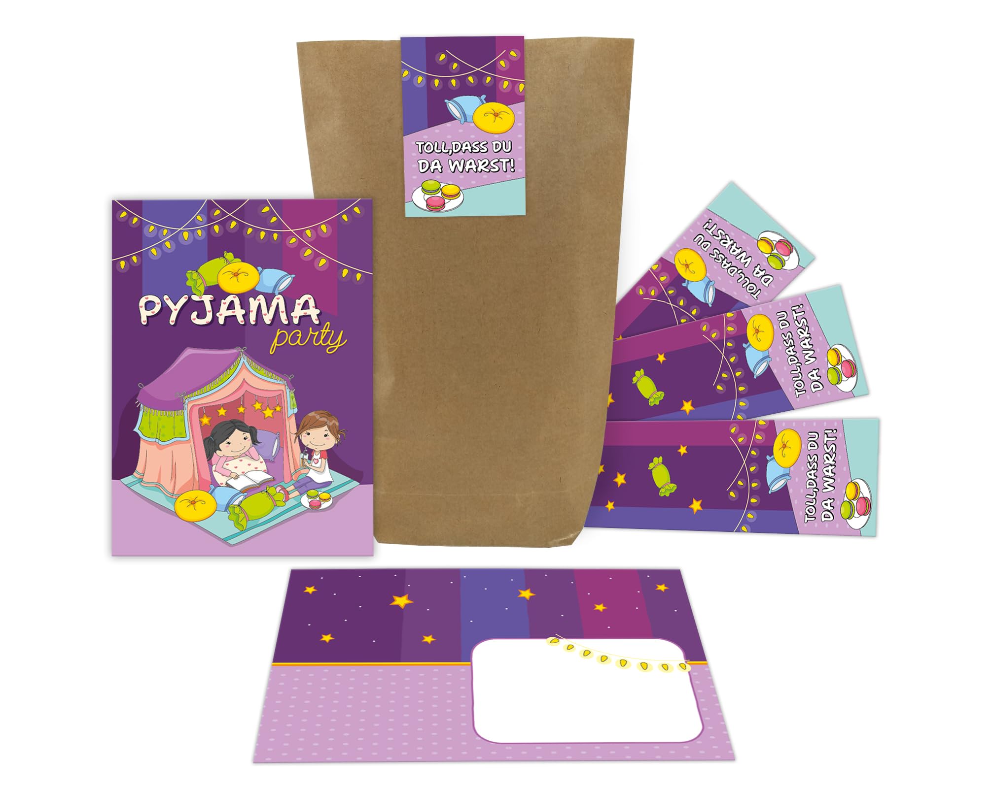Junaversum 12 Einladungskarten zum Kindergeburtstag Einladungen zur Übernachtungsparty Pyjamaparty Pyjama-Party Lesenacht-Party incl. 12 Umschläge, 12 Tüten, 12 Aufkleber für Mädchen und Jungen