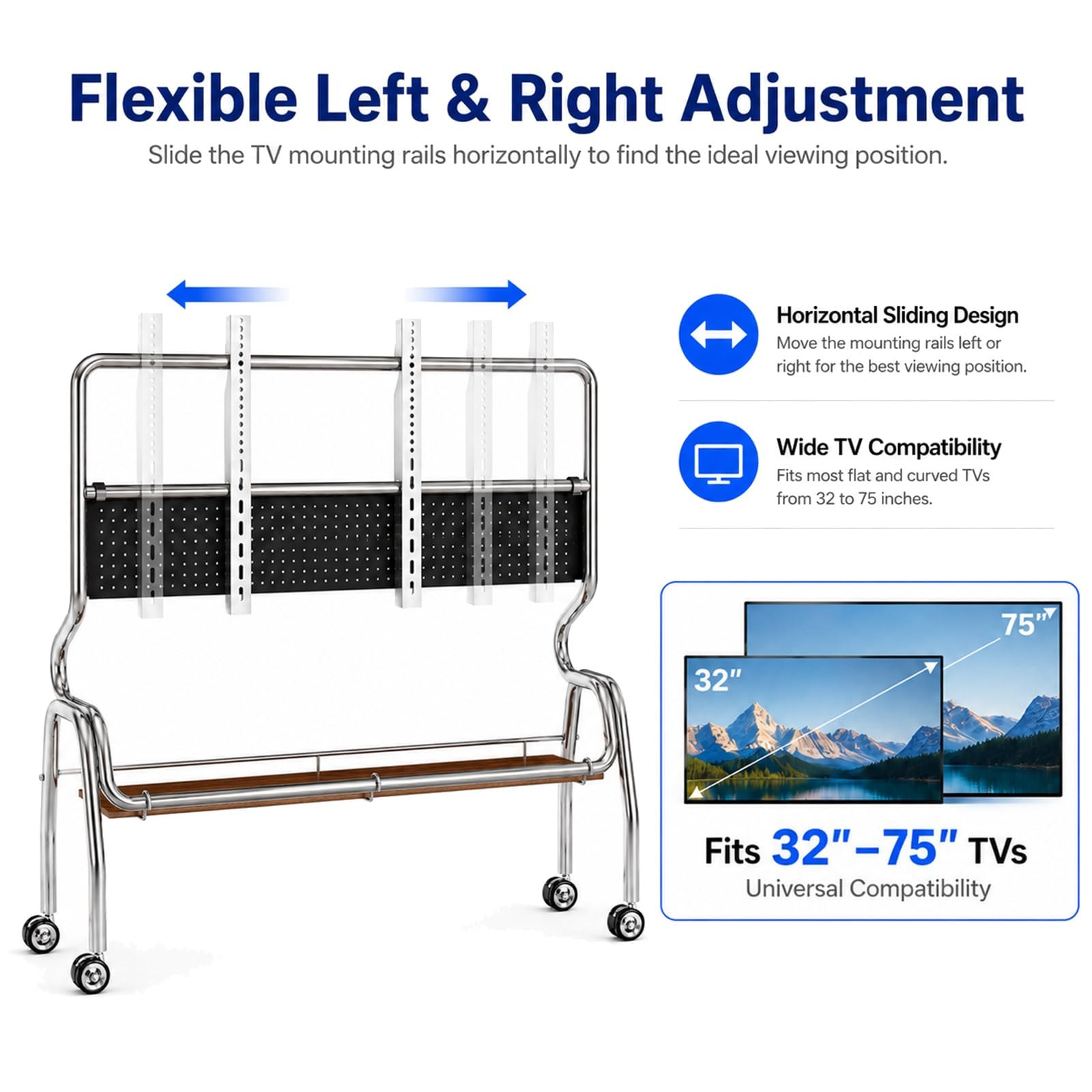 Mobilny Stojak TV z Półką do Przechowywania i Panelem Perforowanym | Uniwersalny Stojak do Telewizorów 32–75 Cali, Rama ze Stali Nierdzewnej(Black,90x35x120cm)
