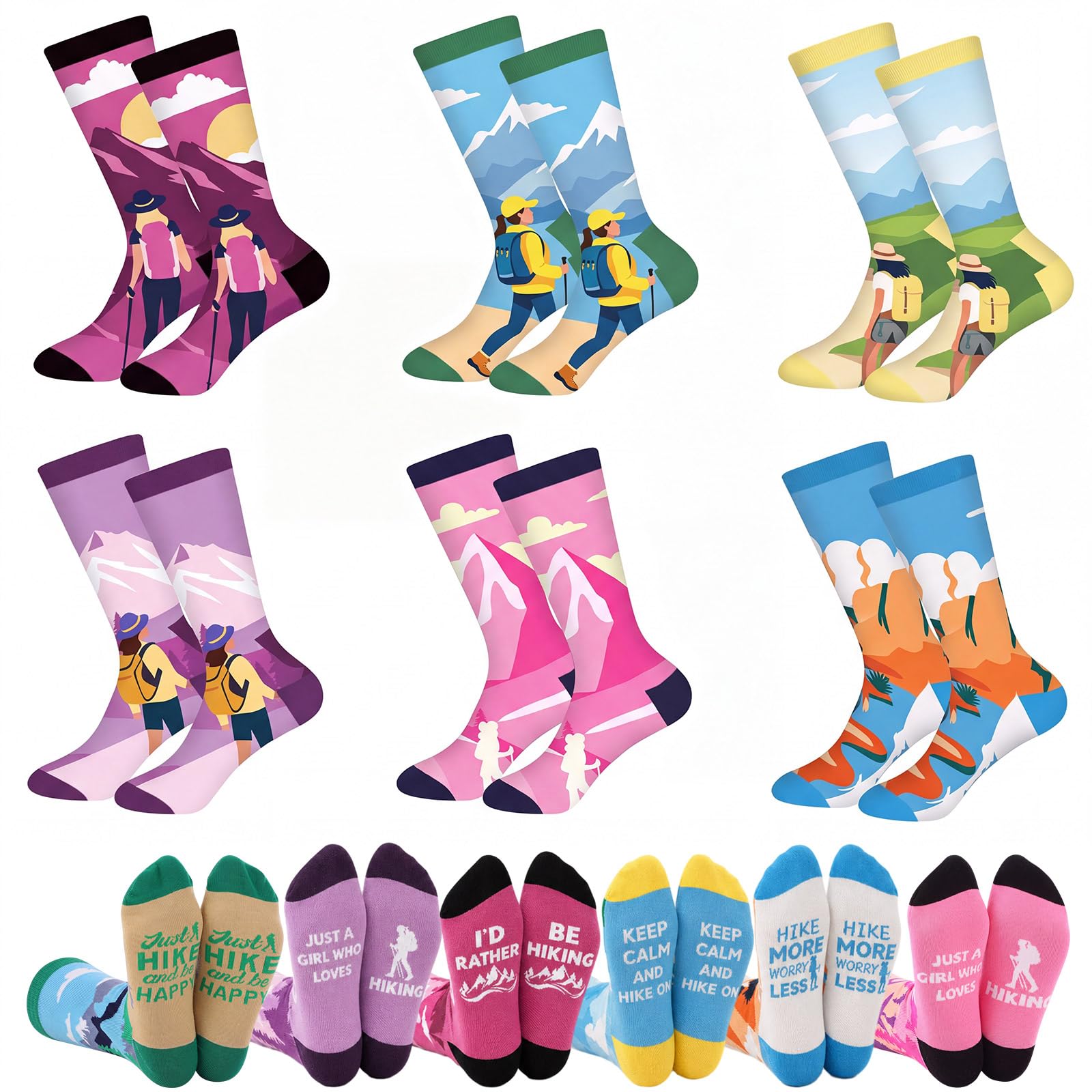 Hercicy 12 Pairs Hiking Socks for Women Men, Funny Outdoor Themed Crew Sock