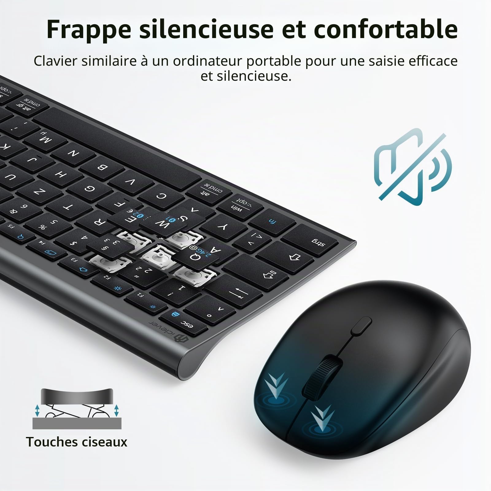iClever Ensemble clavier et souris sans fil, clavier Bluetooth avec souris, Bluetooth + 2,4 G, 3 appareils simultanément, USB-C, rechargeable, silencieux, QWERTZ pour Windows, Mac, PC, iPad, Android