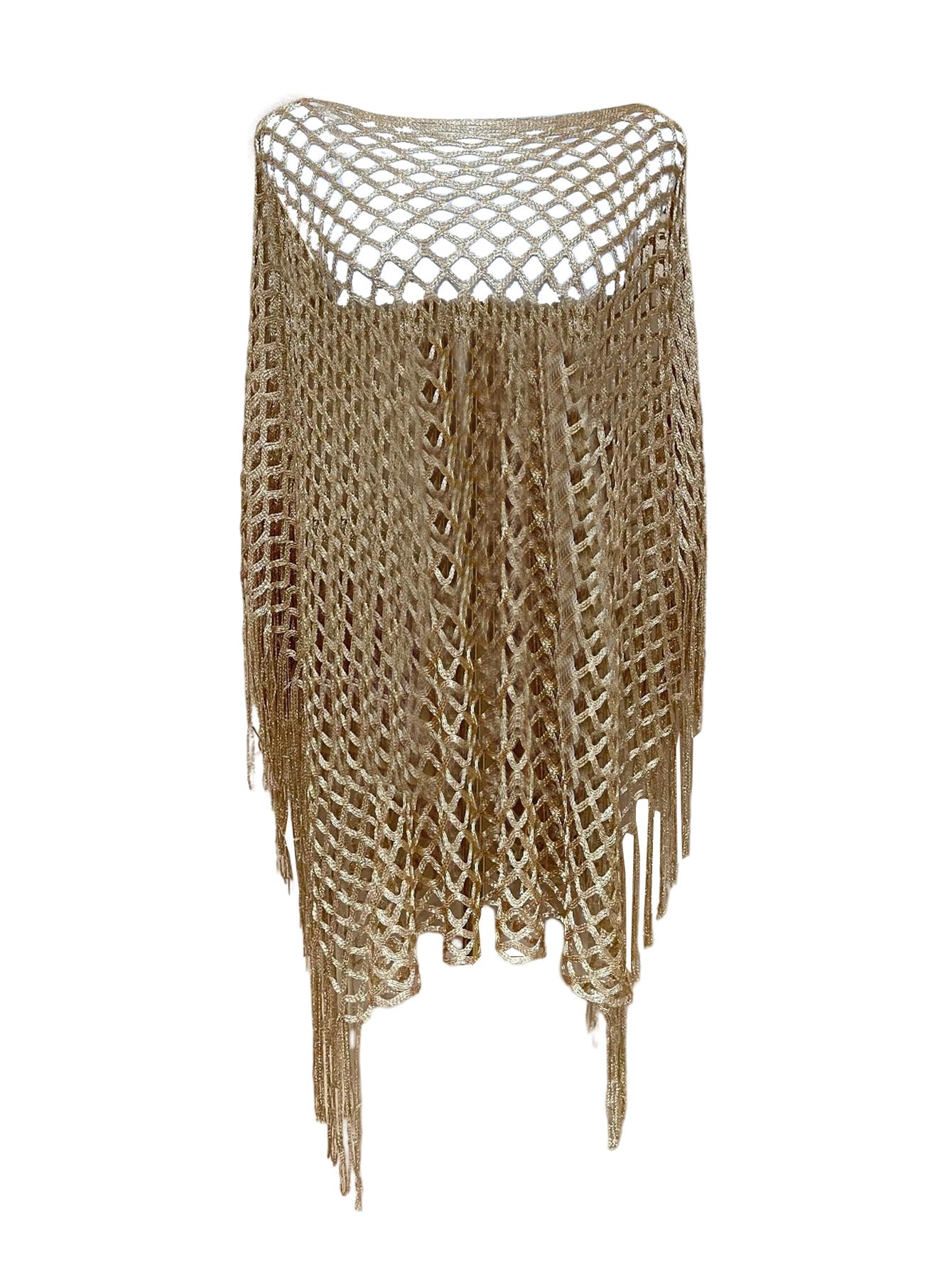 MakeMeChic Womens Boho Fringe Poncho Tops Crochet Hollow Out Tops Beach Swimsuit Coverup
