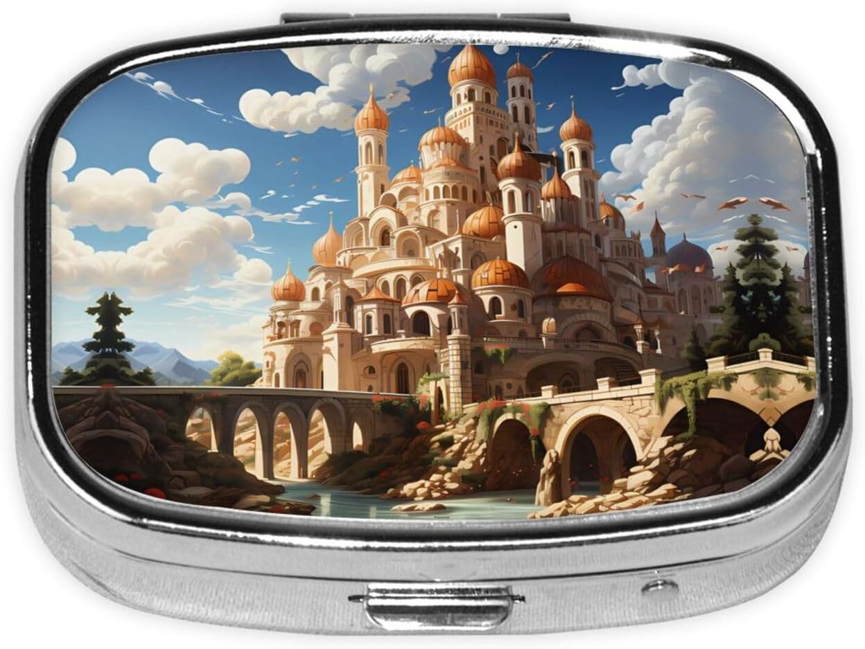 Anime Castle Sky Travel Square Pill Storage Box, Portable Mini Pill Box (2 Compartment Pill Box), Vitamin Medicine Storage Box