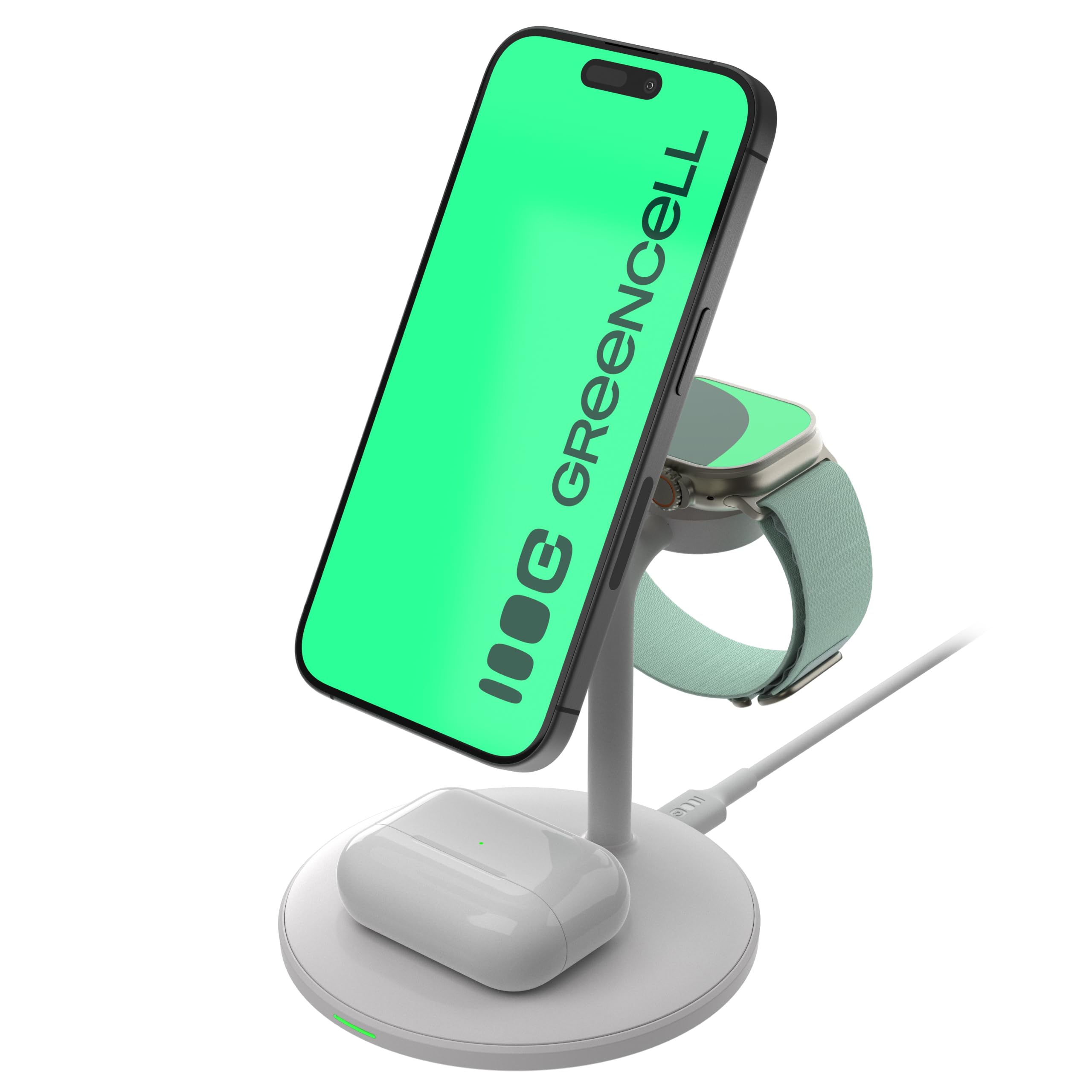 Greencell MagScape MagSafe 3 w 1 MagSafe ładowarka do iPhone 16/15/14/13, Apple Watch, AirPods – indukcyjna stacja ładująca kompatybilna z etui, szybkie ładowanie do 15 W (biała)