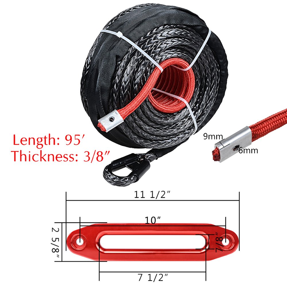amopacorp 95 feet 3/8 inch 20500lbs Synthetic Winch Rope with Protective Sleeve and 10 inch CNC Machine Aluminum Anodized Red Hawse Fairlead