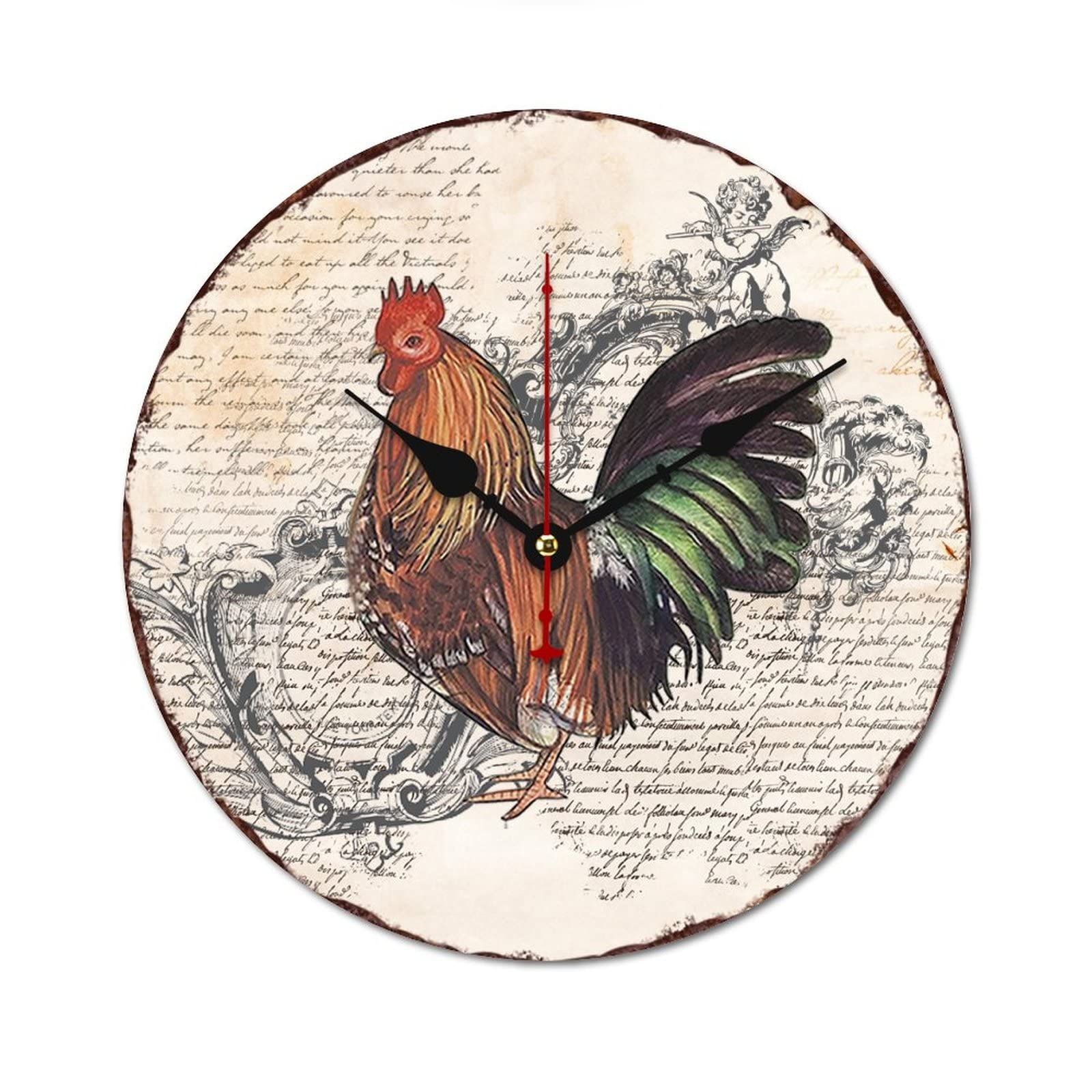 Horloge ronde en bois avec coq rustique suspendue pour une pendaison de cremaillere