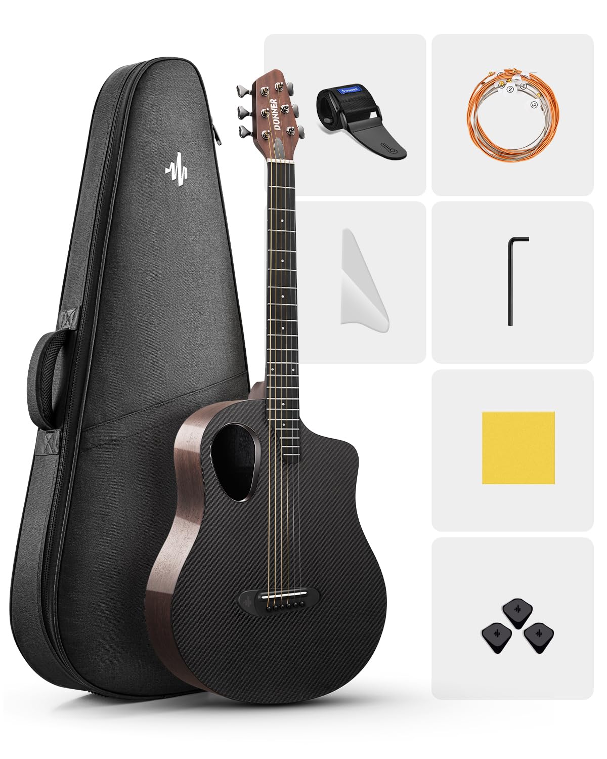 DonnerCarbon X Wood Acoustic Guitar Beginner & Intermediate Learner Kits - Carbon Fiber Top, Wooden Bowl, 38" Durable Solid Guitar with Case, Strap, Steel-String, RISING-G1 (Gloss, Black)