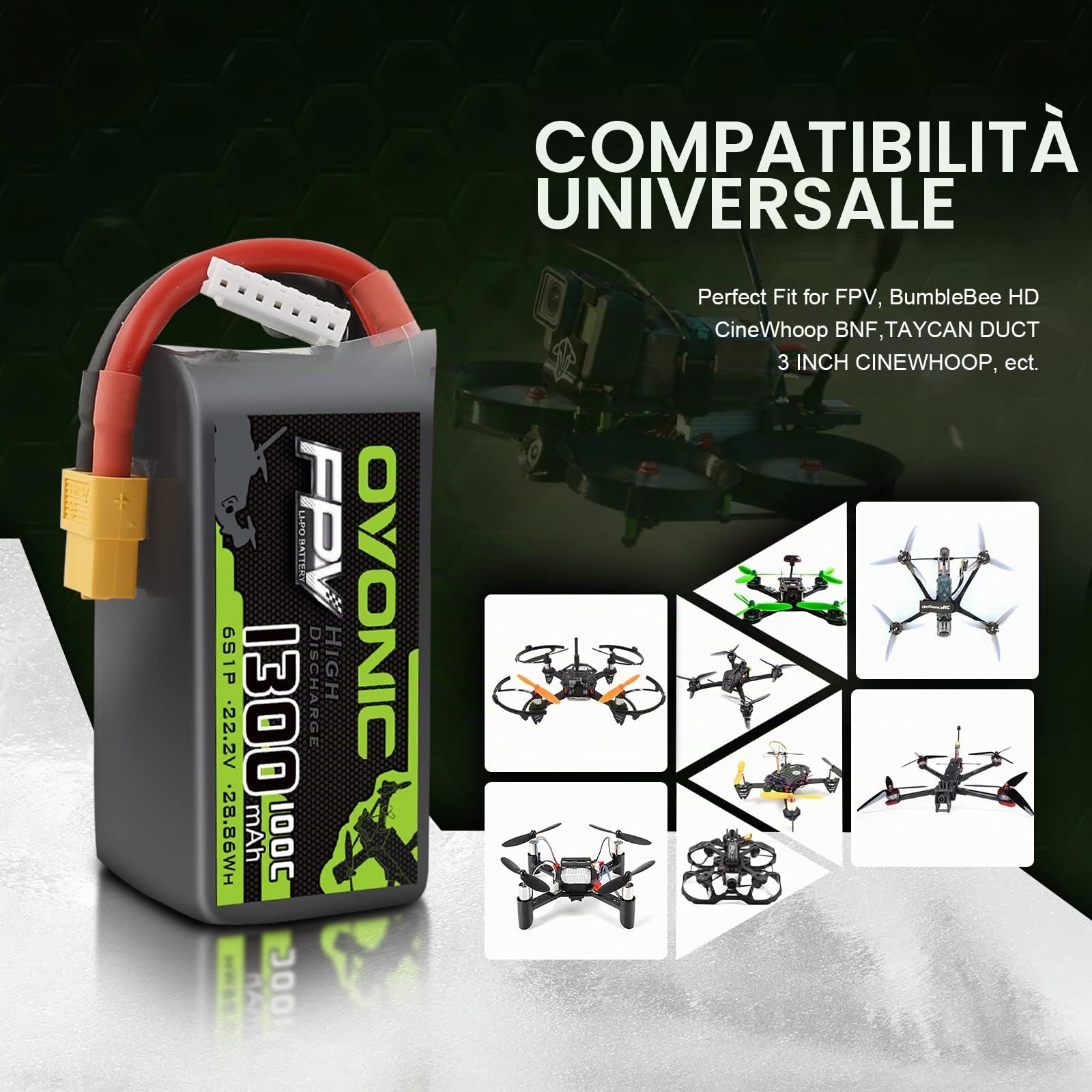OVONIC Batteria Lipo 6s 1300mAh FPV Batteria 100C 22,2V con connettore XT60 per FPV Racing RC Quadcopter Elicottero Aereo Multi-Motore Hobby fai da te (2 confezioni)