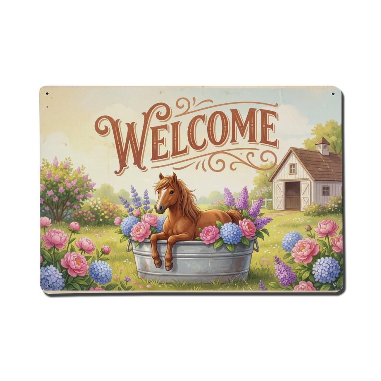 Vintage Welcome Horse Fresh Blooms Metal Tin Sign