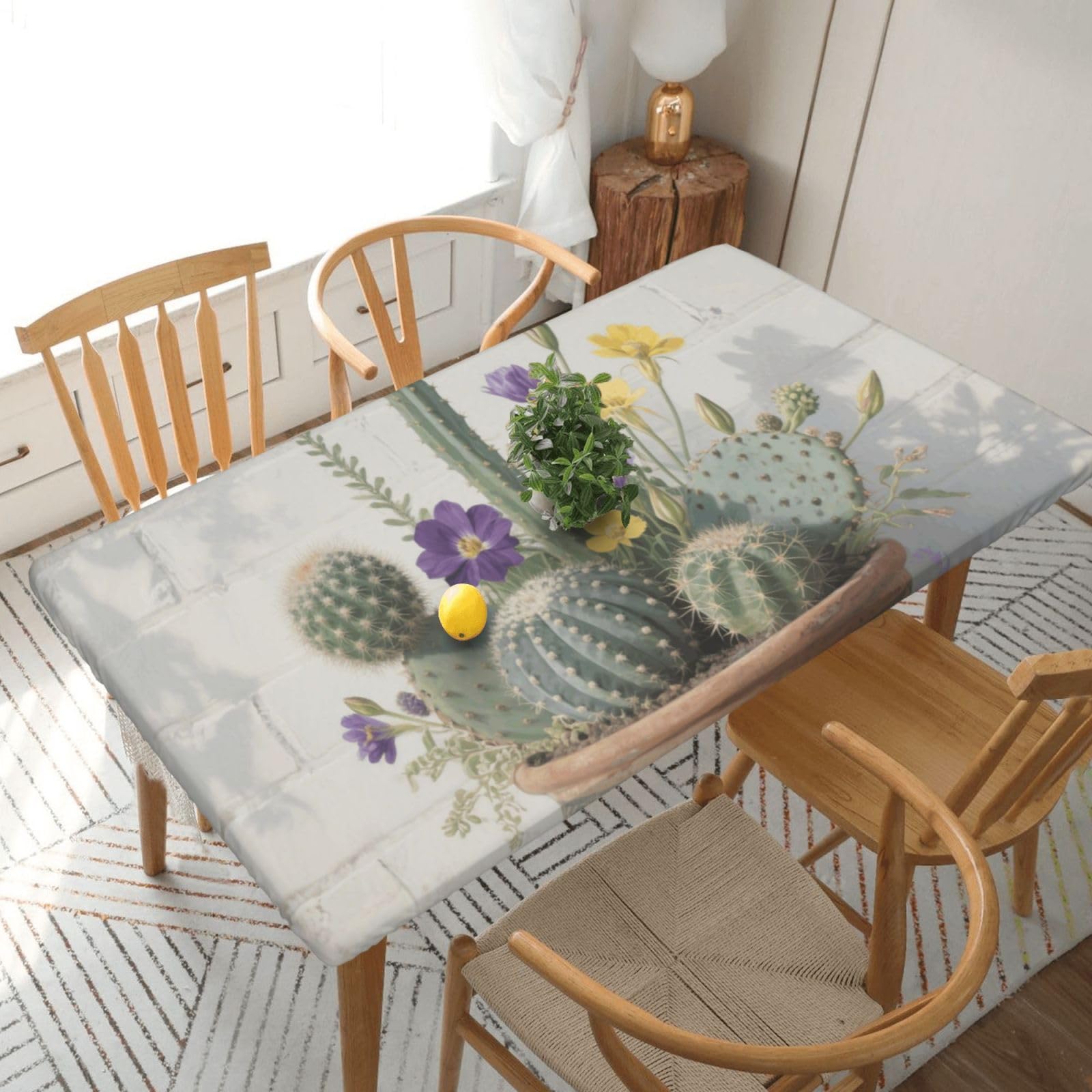 Fodpand Black Cactus Floral Spandex Fitted Tablecloth For 5 Foot Rectangle Tables,Waterproof Picnic Table Cover Stretch Table Cloth Washable Table Protector For Picnic, Camping, Outdoor