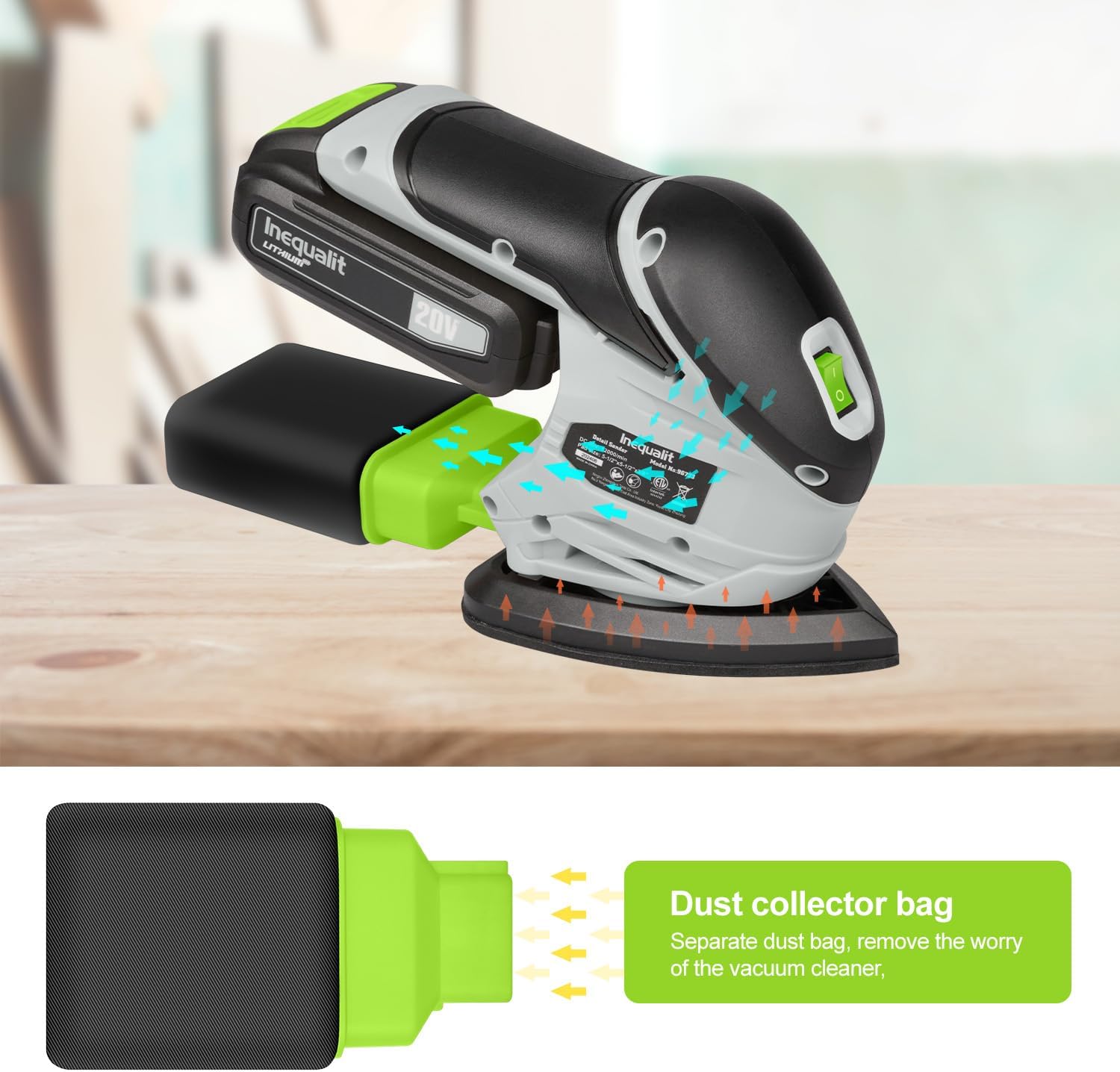 Cordless Detail Sander, Electric Sander with 12000 RPM 20V 1.3Ah, Including 20Pcs Sandpapers and Dust Collection System for Precise Sanding in Tight Spaces, Battery and Charger Bundled