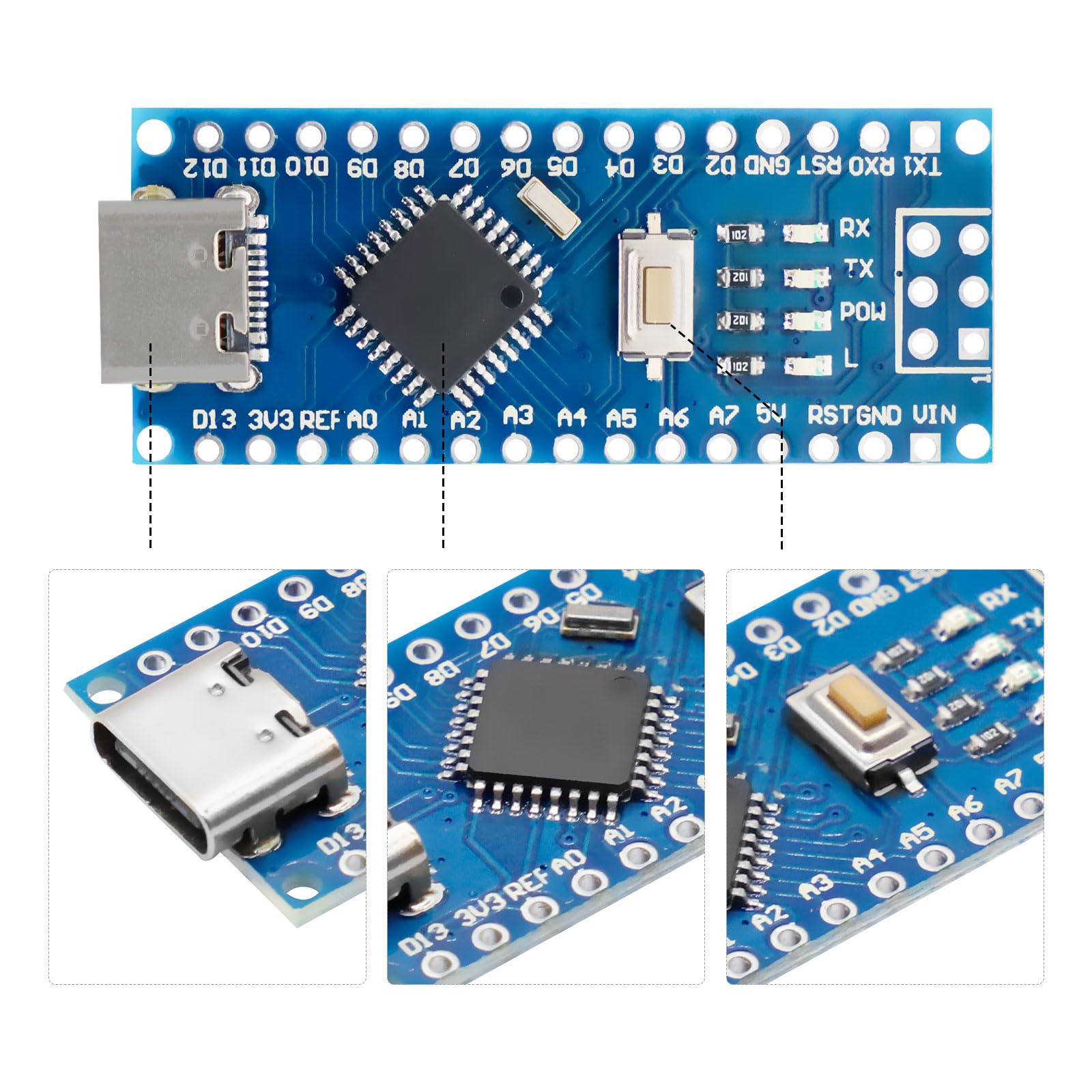 Carte Microcontrôleur Arduino Nano V3.0 CH340 | 5V 16MHz - Lot De 5 Avec Interface USB-C