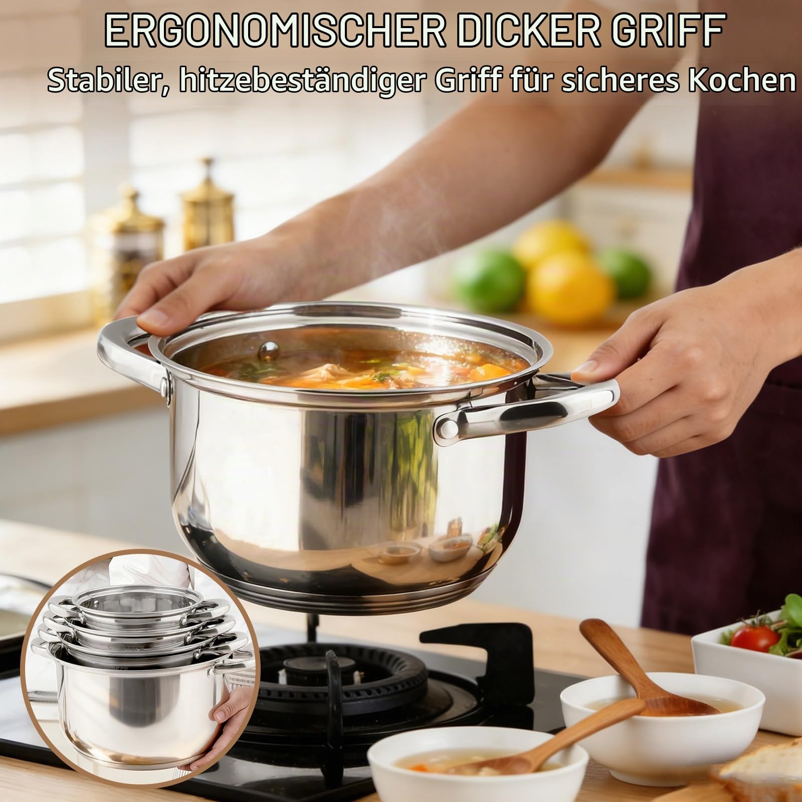 topfset induktion Edelstahl topfset pfannenset 15-teilig antihaftbeschichtet 1 Pfanne 5 Töpfe 6 Deckel 3 Küchenutensilien mit kühlhaltendem Griff Induktions- und Backofenfest Silber