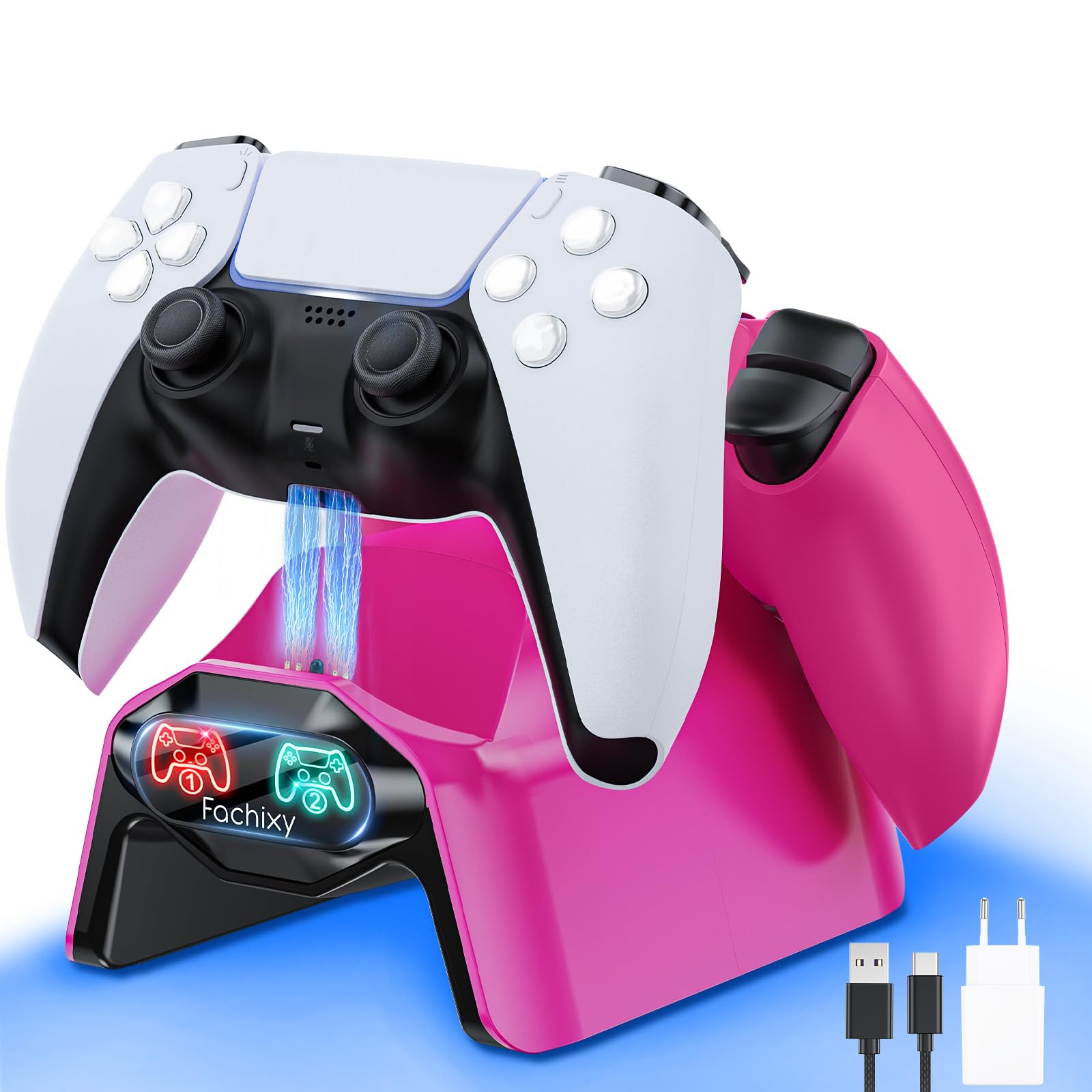 Fachixy Cargador de Controlador para PS5, Base de Carga rápida de 2 Horas para PS5 DualSense, estación de Carga con enchufes y Cables Individuales, con indicador LED