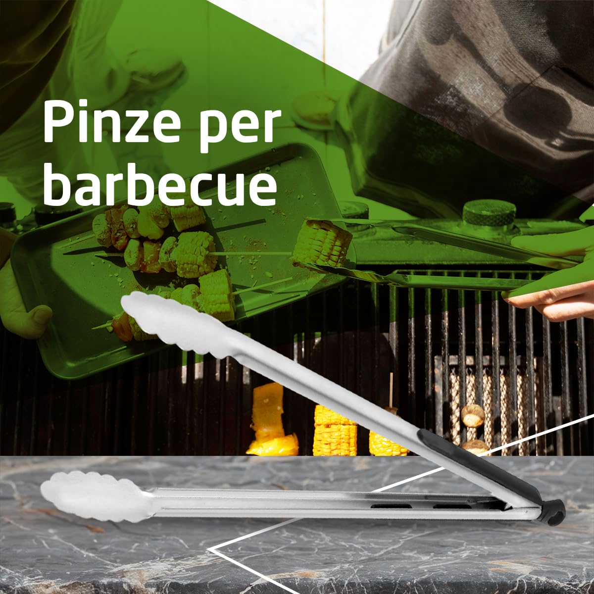 Amig - Pinze barbecue - Pinze per barbecue Fireplus - Resistenti al calore con manico antiscivolo - 34,5 cm - Acciaio inox - Metallo