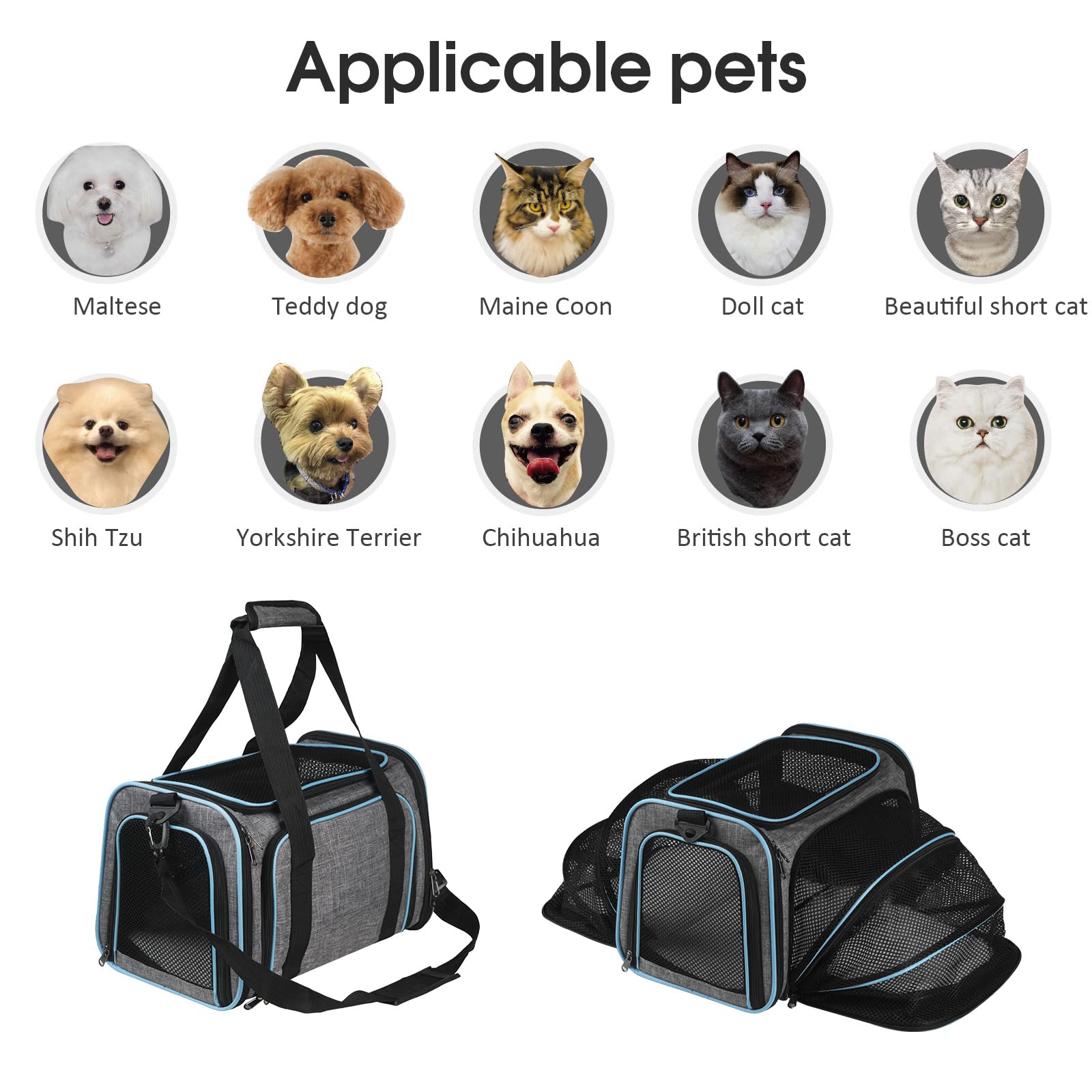 Transportín Gato Perro Extensible，Bolsa de Transporte para Mascotas Plegable Transpirable，con Colchón Suave y Hebilla de Seguridad para Coche Avión Viaje Tren-Gris