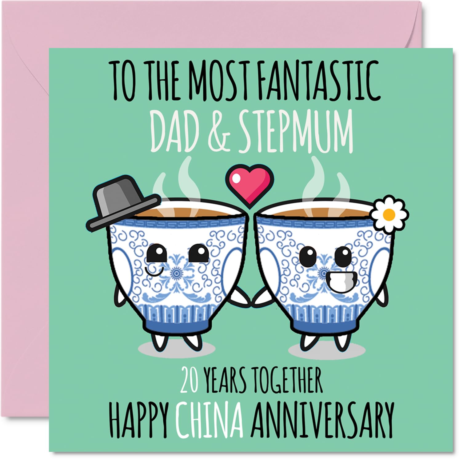 Cute China Anniversary Card for Dad & Step Mum - 20 Years Together - Happy 20th Wedding Anniversary Cards for Step Mum Dad, 145mm Greeting Cards Anniversaries