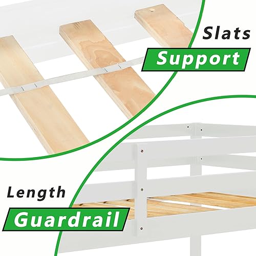 Miniatura 42 de Anwick Litera baja de tamaño individual sobre individual con escaleras y rieles, marco de literas de madera con barandilla de seguridad y listones