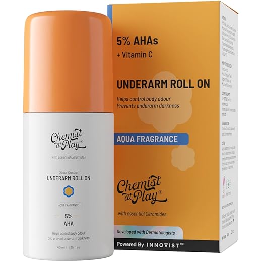 Chemist at Play UnderArm Roll-On with 5% AHA, Lactic Acid & 1% Mandelic Acid | Prevents Body Odour, Brightens Skin & Exfoliates Underarm | For Sensitive Skin | Aqua Fragrance | Alcohol Free - 40ml
