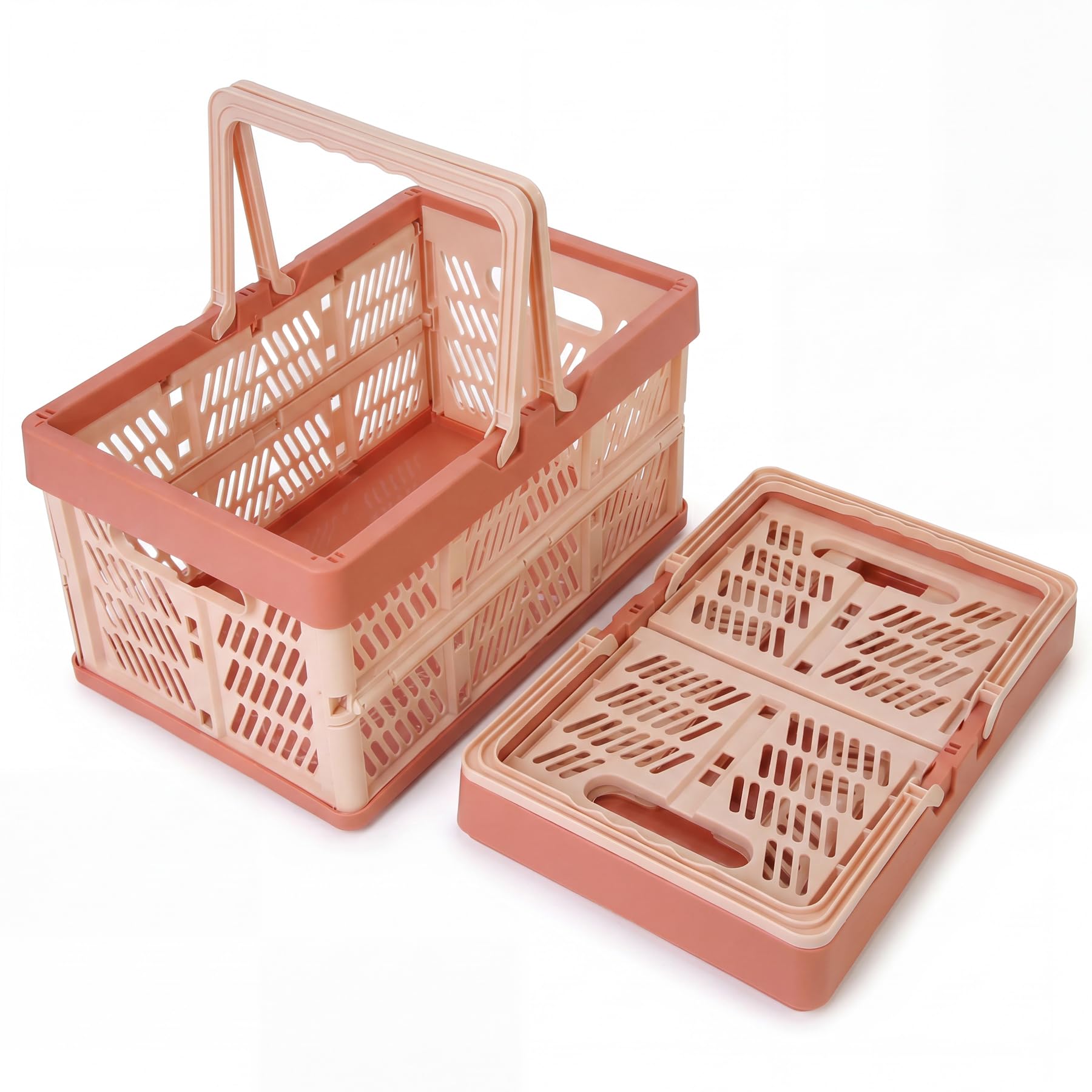 Brezento 2 Pcs Folding Crates Storage Boxes with Handles, 38x25x20cm Collapsible Shopping Baskets Foldable Storage Crates for Home Office(Pink)