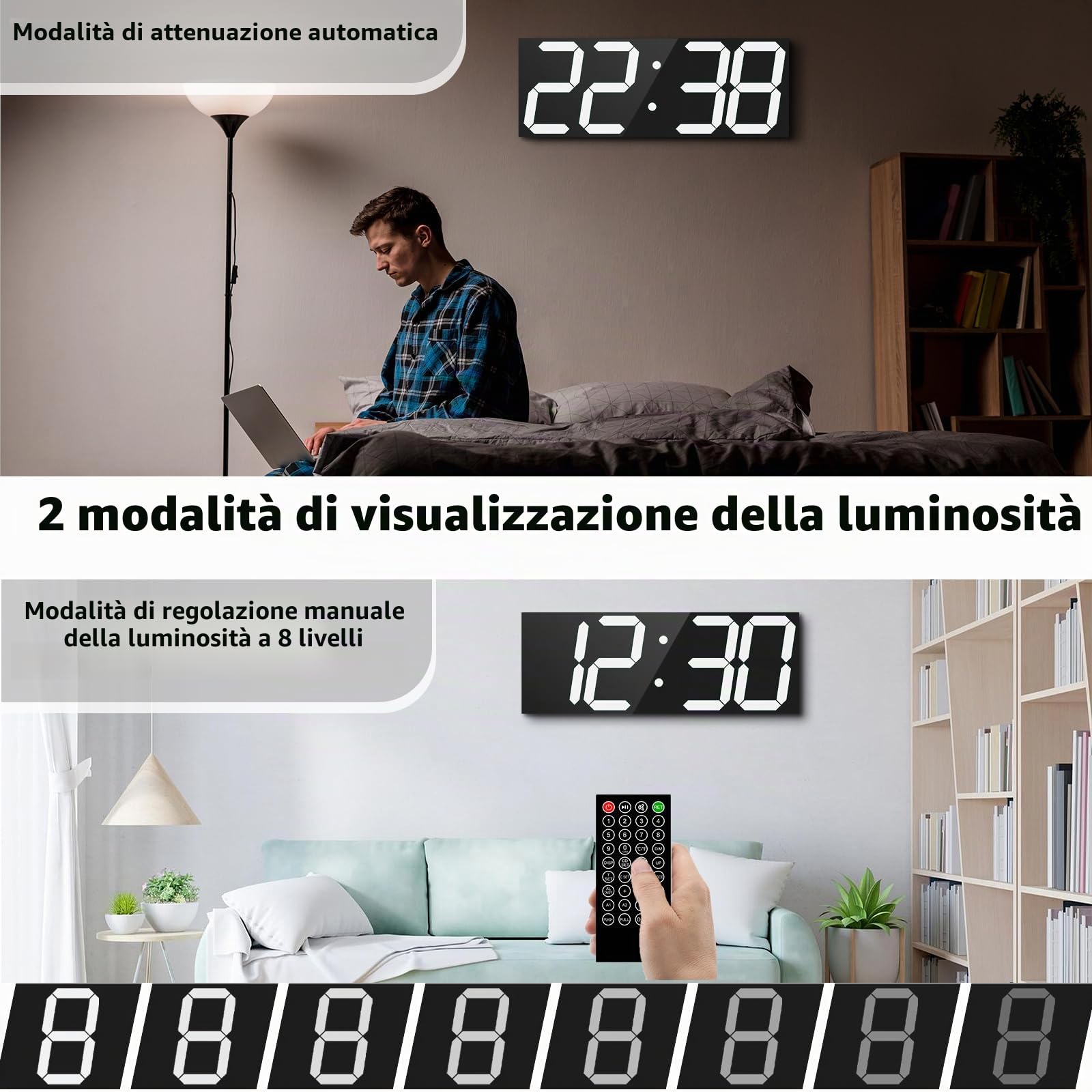 CHKOSDA Orologio da parete digitale automic, 47 cm, orologio digitale a LED con ampio display, orologio da parete multifunzione con sveglia e timer, sincronizzazione automatica dell'ora con luminosità