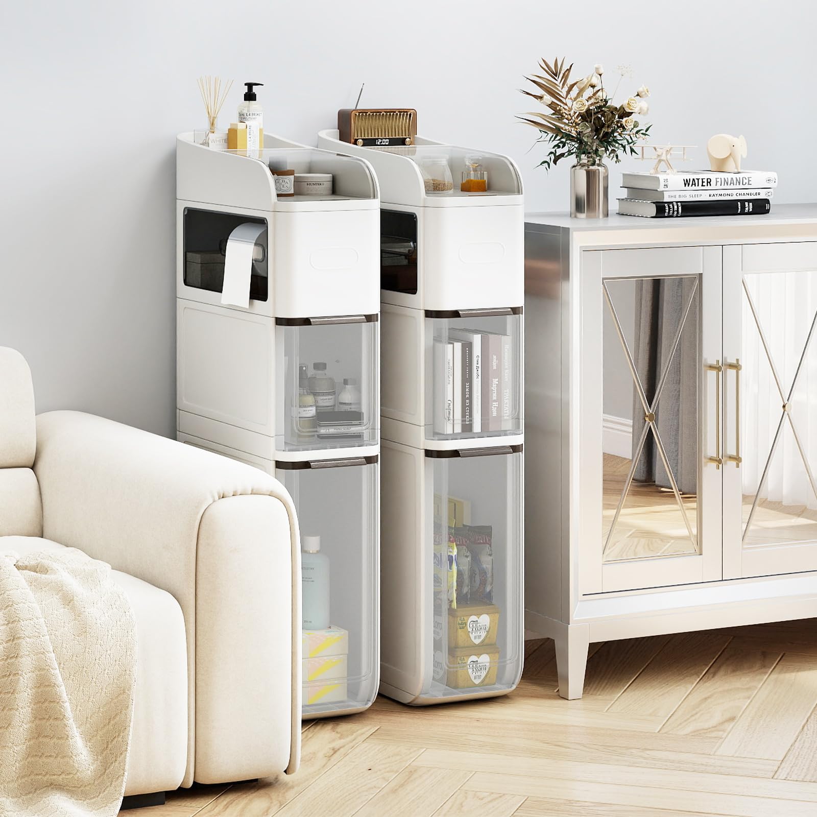 KOMFOTTEU Armadietto a nicchia sottile su ruote, salvaspazio con 2 cassetti, porta fazzoletti, ripiano superiore, carrello per cucina, bagno, 18 x 43 x 88 cm (bianco)