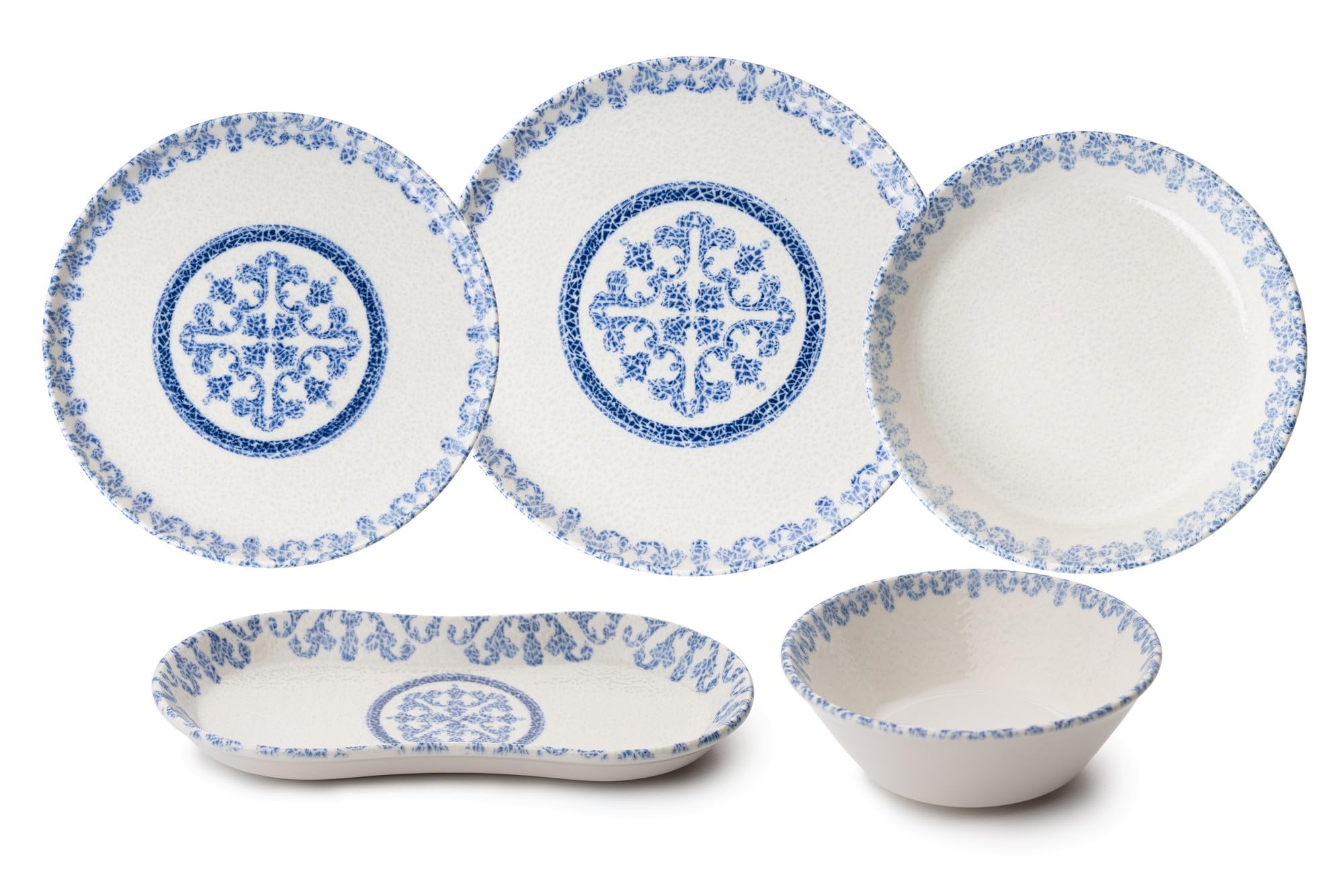 27-częściowy zestaw obiadowy, 100% porcelana, niebieska i biała, w zestawie talerze serwisowe, miski, talerze deserowe, do mycia w zmywarce i do kuchenki mikrofalowej, elegancki