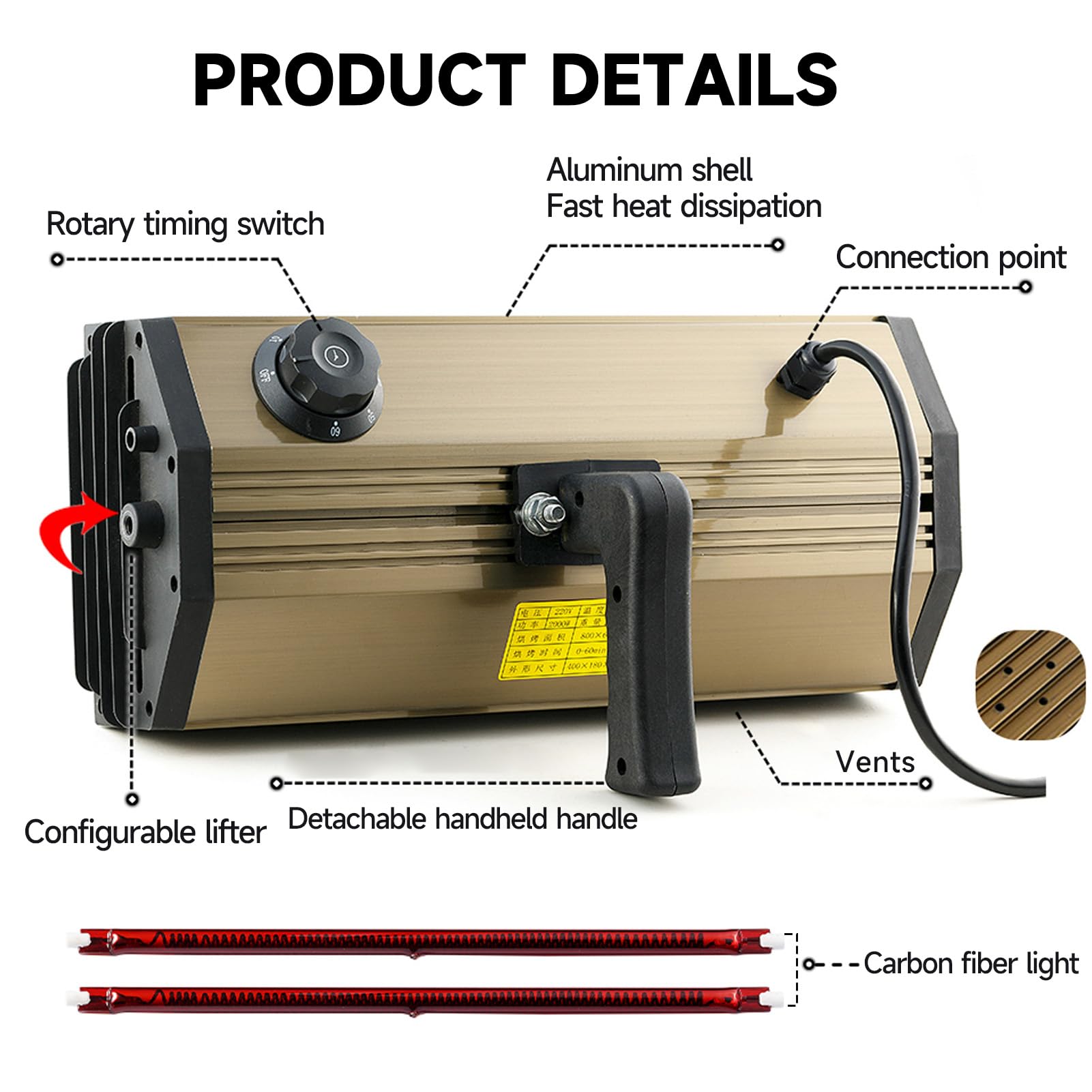 DATOUBOSS Lampada per polimerizzazione della vernice a infrarossi a onde corte da 2000 W, asciugatrice per riparazione carrozzeria auto, luce di cottura portatile, strumento per cabina spray per