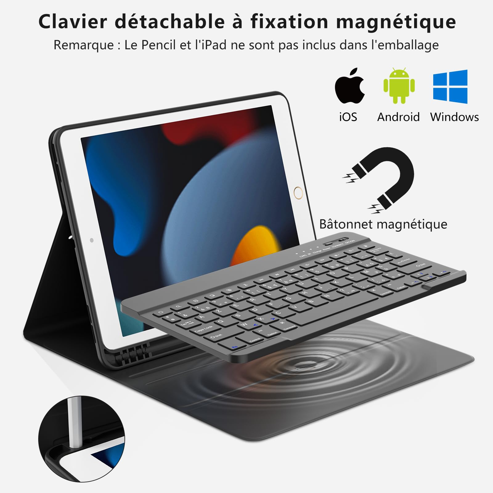 MMK Clavier Coque pour iPad 10.2 9/8/7ème Génération 2021/2020/2019, Détachable Clavier Bluetooth sans Fil pour iPad 10.5 inch Pro 2017/2019 Air 3, AZERTY Français